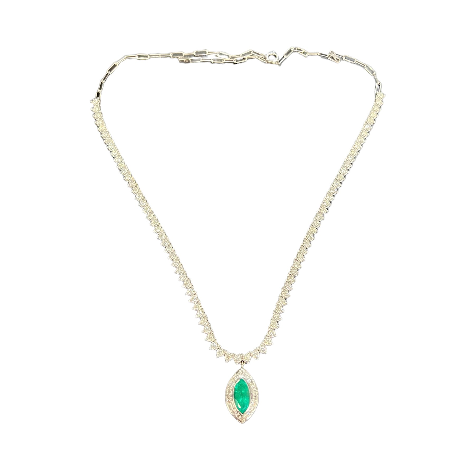 2.3CTw Diamond Tennis Marquise Emerald Pendant Necklace 14K White Gold 18”
