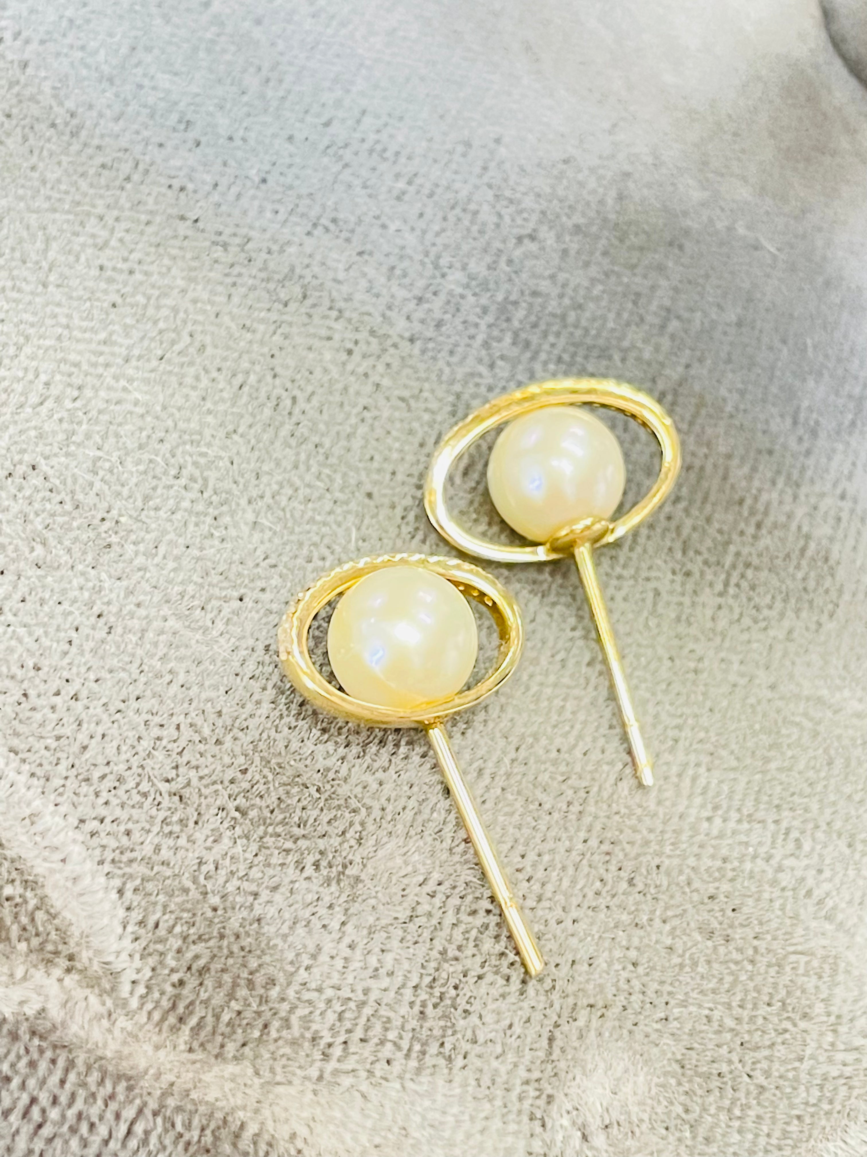 14K Yellow Gold Pearl & Pave Diamond Planet Earring Studs 13x8mm