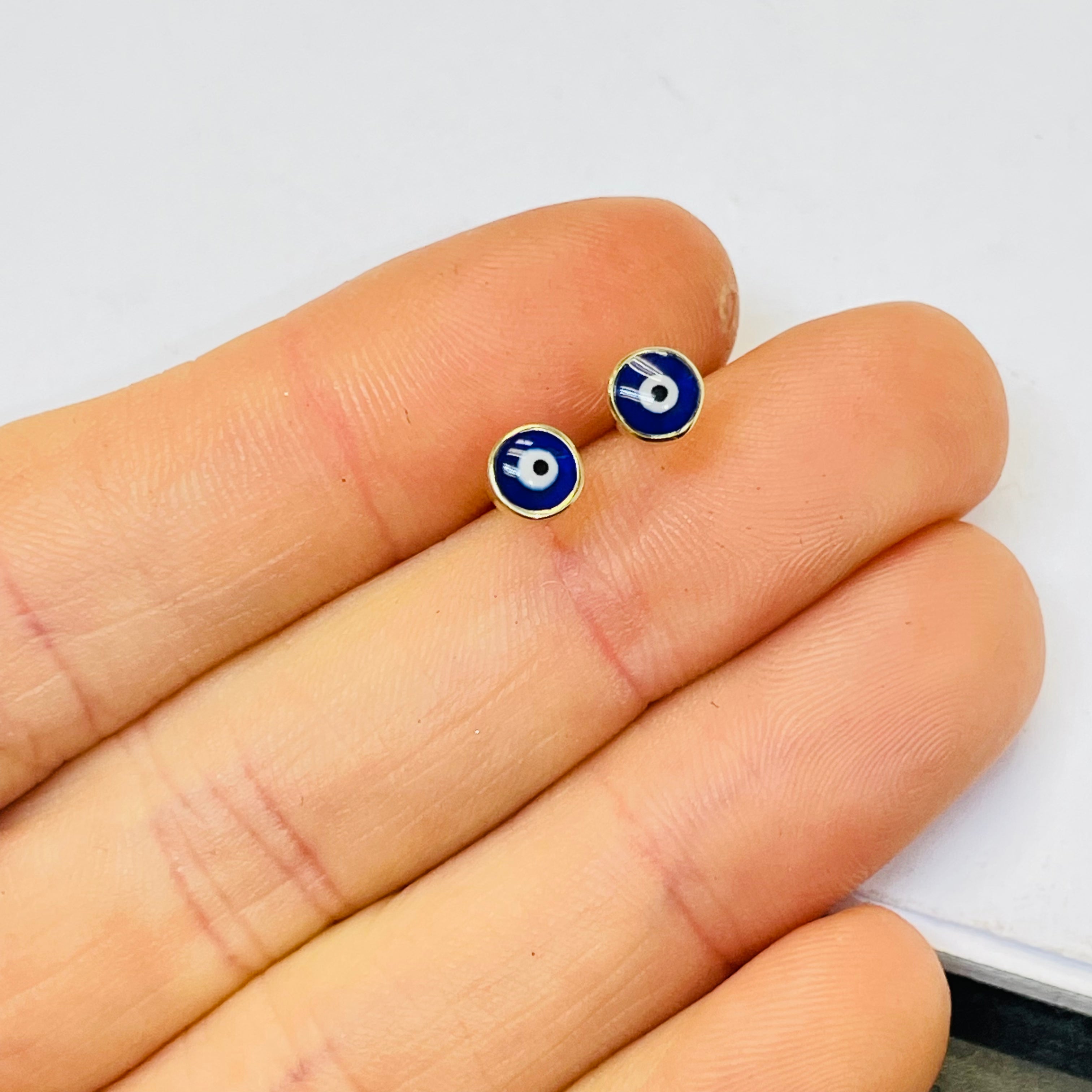 10K Yellow Gold 5mm Blue Evil Eye Stud Earrings