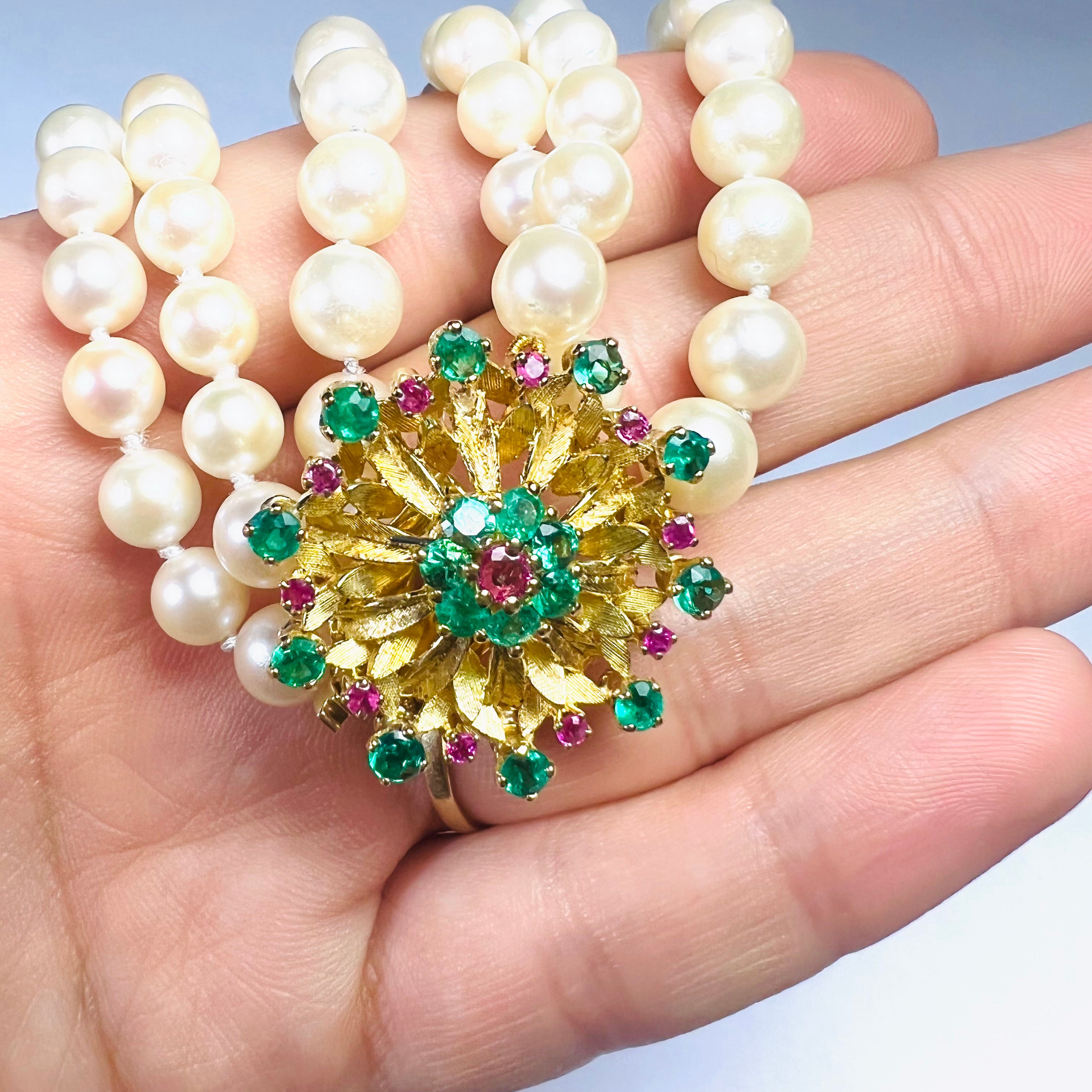 Pearls with Floral Emerald and Ruby 15" 14k Yellow Gold Necklace