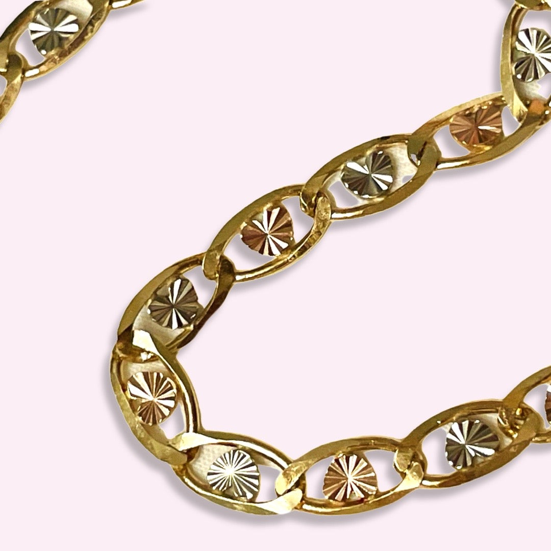 14K Tritone Yellow Rose White Gold Diamond Cut Heart Curb Bracelet