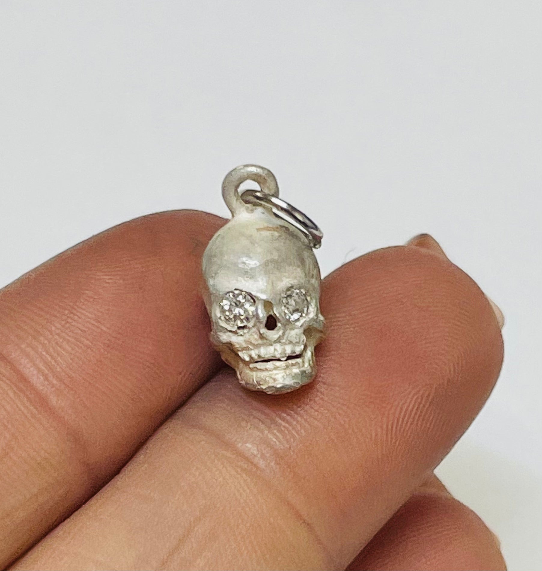 Natural Diamond and Sterling Silver Raw Skull Charm Pendant