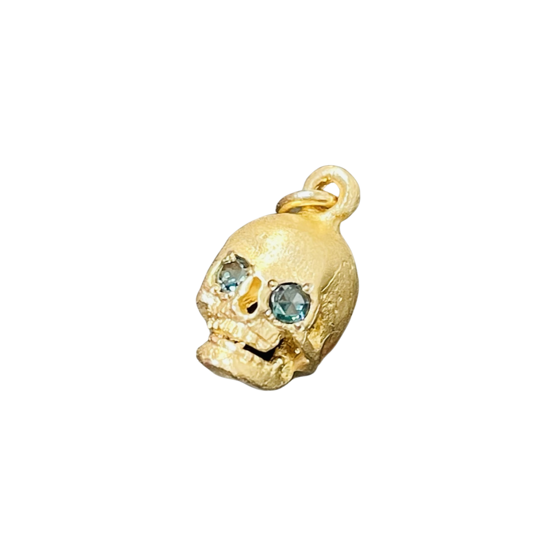 Blue Rose Cut Diamond 18K Yellow Gold Skull Charm Pendant