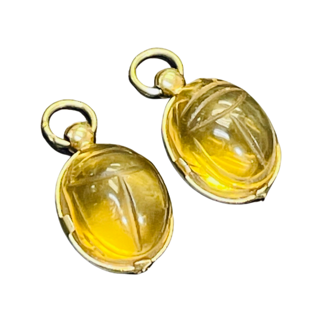 14K Yellow Gold Citrine Scarab Earring Charms for Hoops