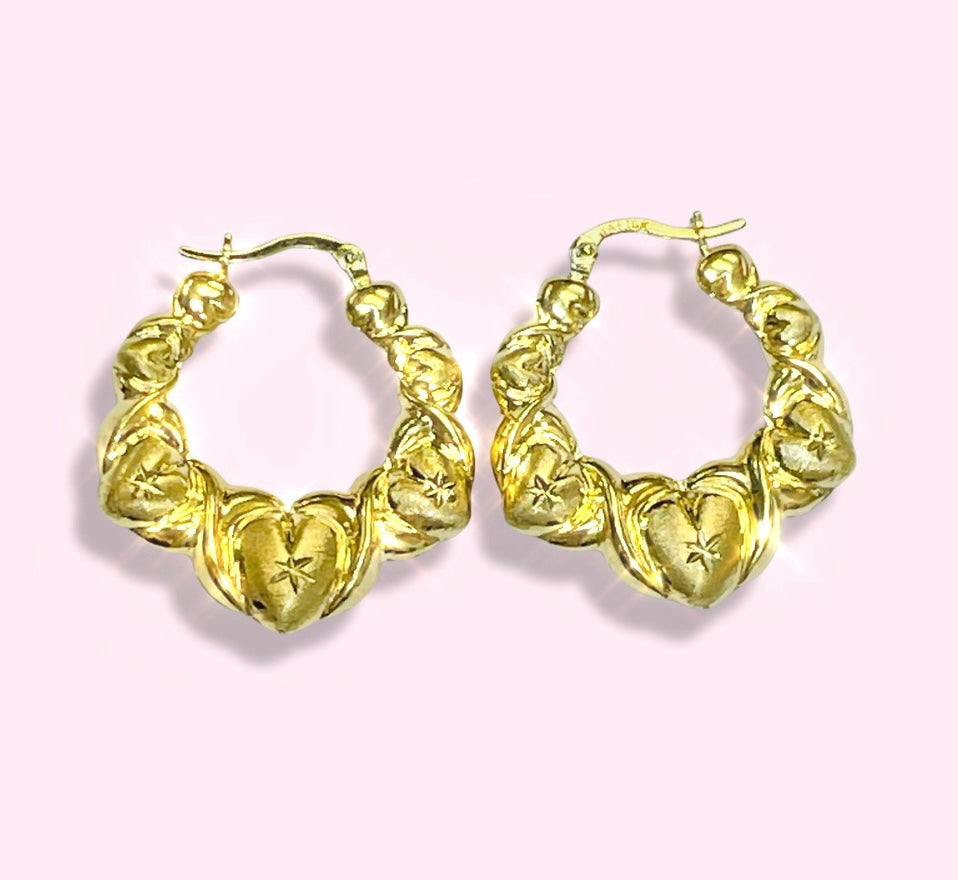 1.25” 10K Yellow Gold Puffy Heart and X Hoops