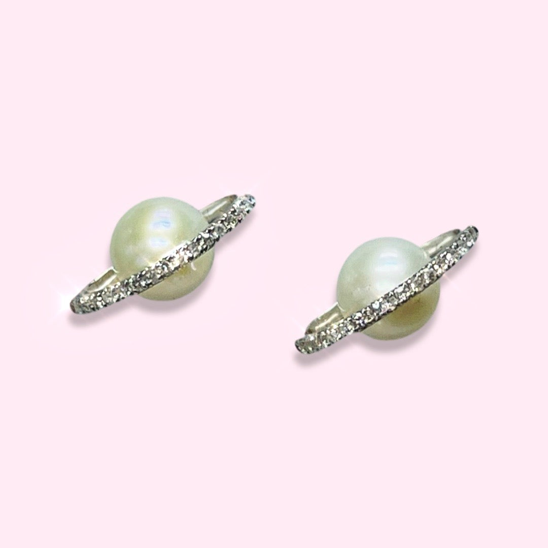 14K White Gold Pearl & Pave Diamond Planet Earring Studs 13x8mm