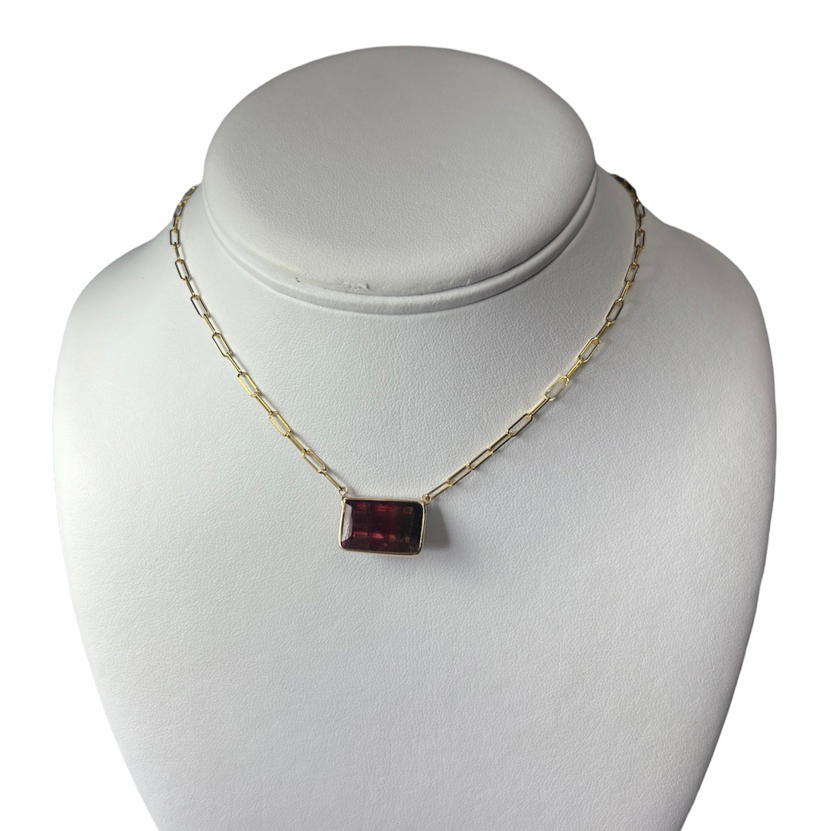 Red Tourmaline 18" 14K Yellow Gold Paperclip Necklace