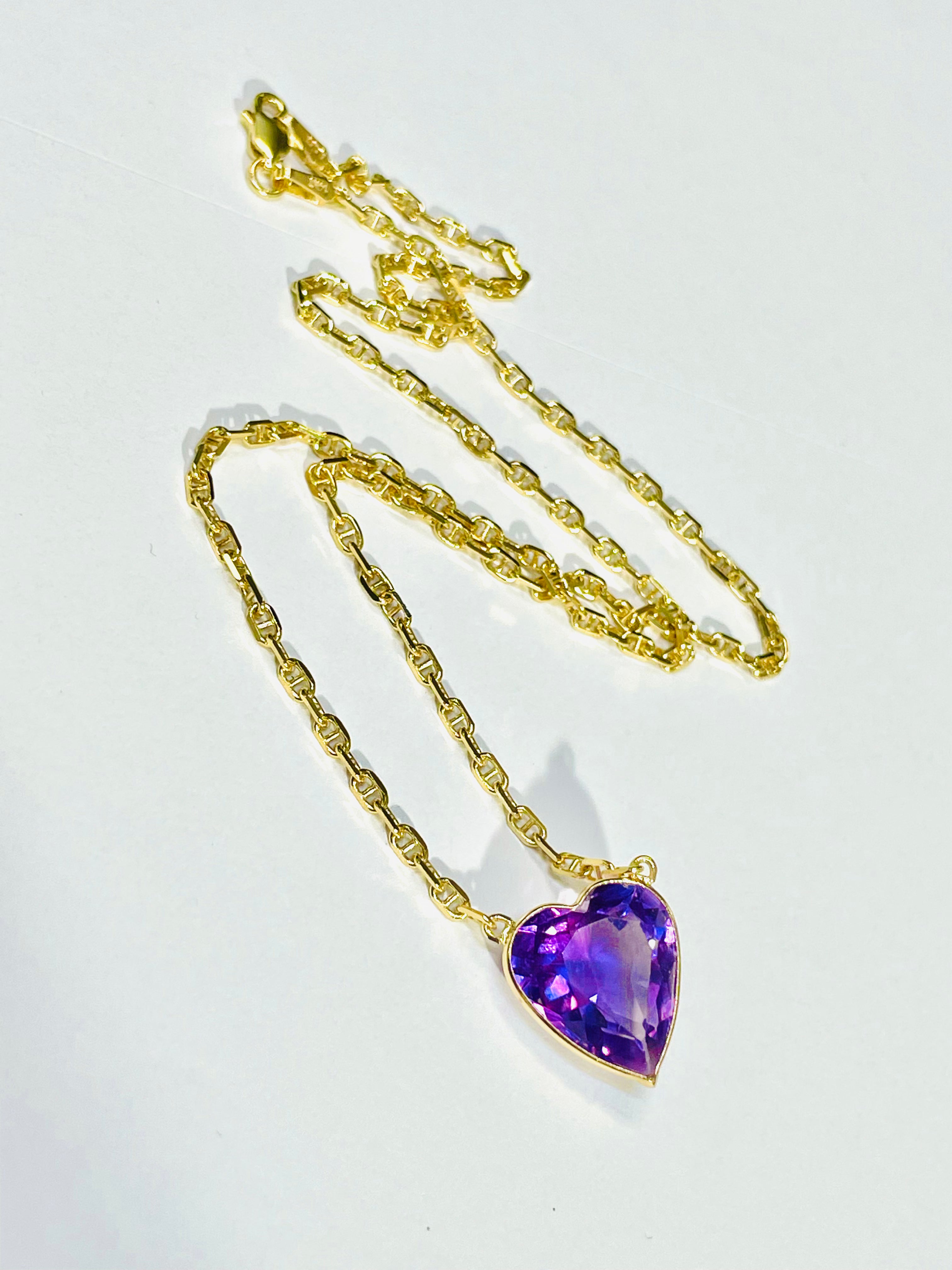 7CT Natural Amethyst Heart 14K Yellow Gold Necklace Anchor Link Chain Necklace