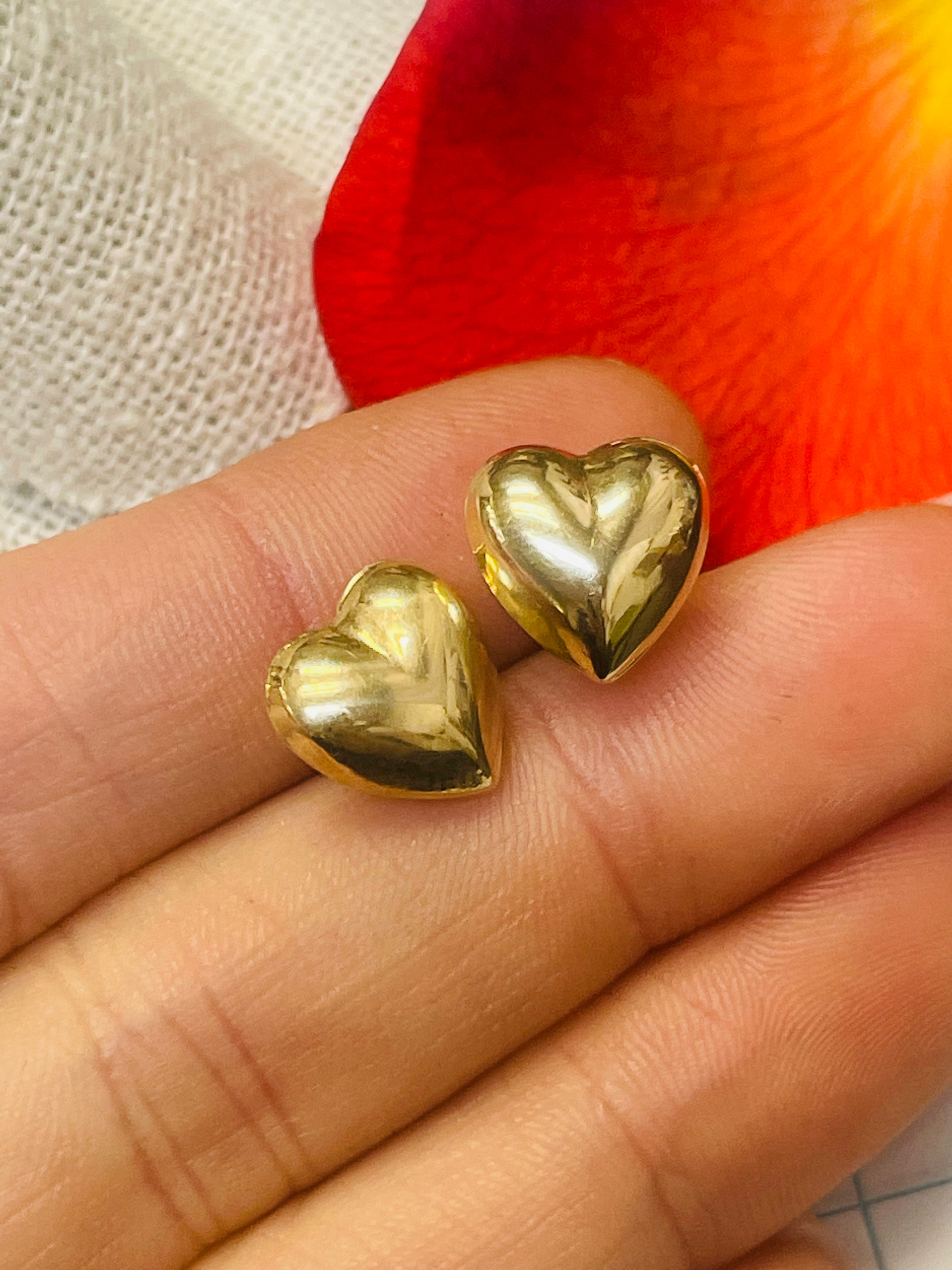 14K Yellow Gold Puffy Heart Stud Earrings
