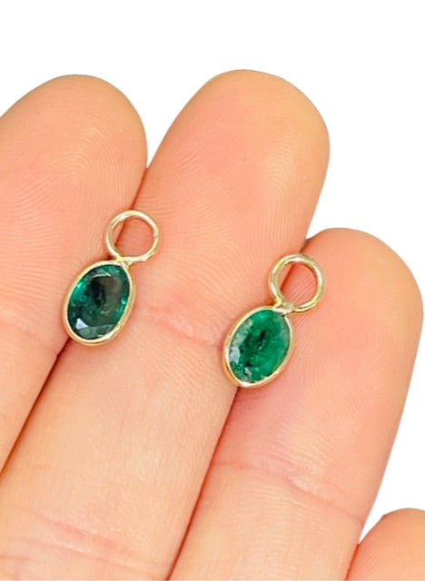 14K Yellow Gold Oval Emerald Earring Charm Pair