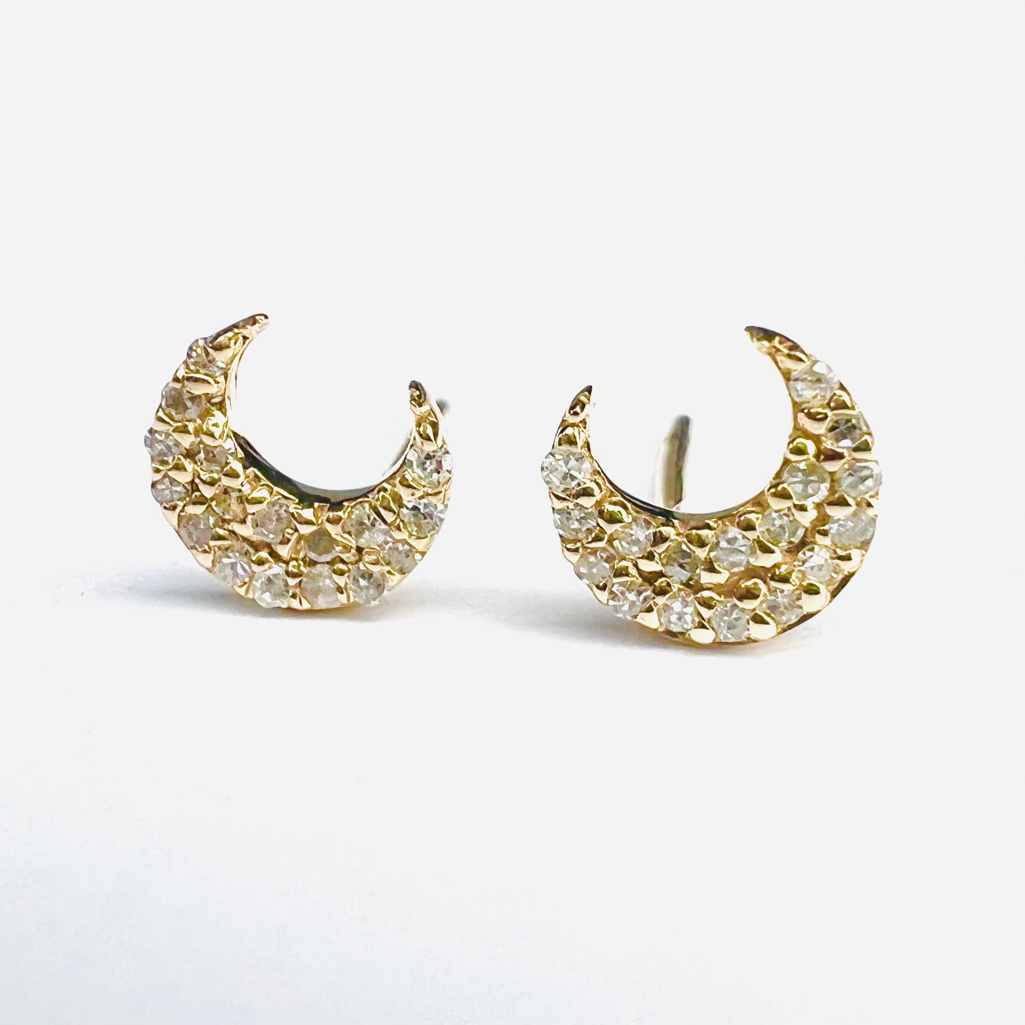 14k Yellow Gold Pave Diamond Moon Earring Studs 6x5mm