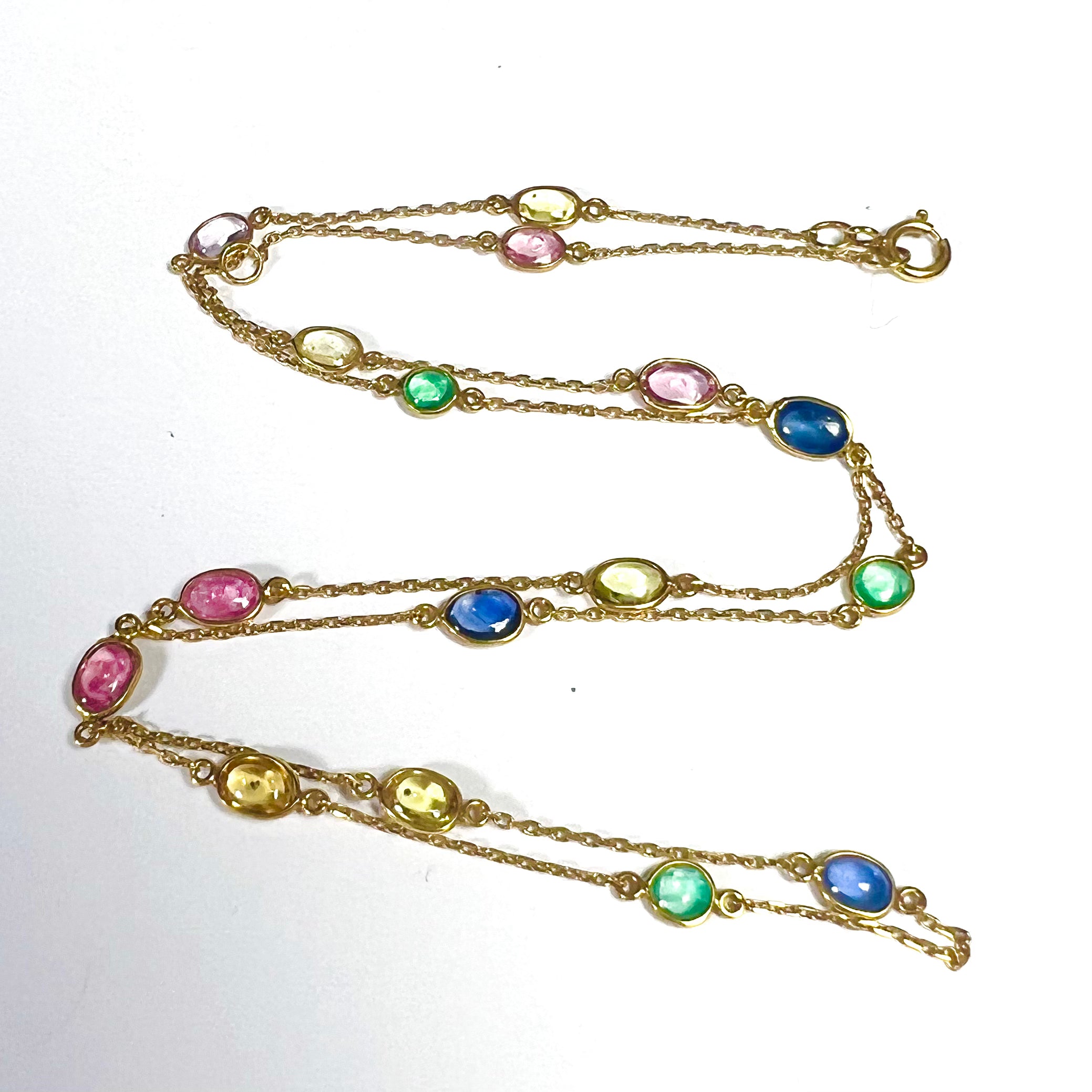 Multi Gemstone Cabochon 18" 18K Yellow Gold Stationed Cable Chain Necklace