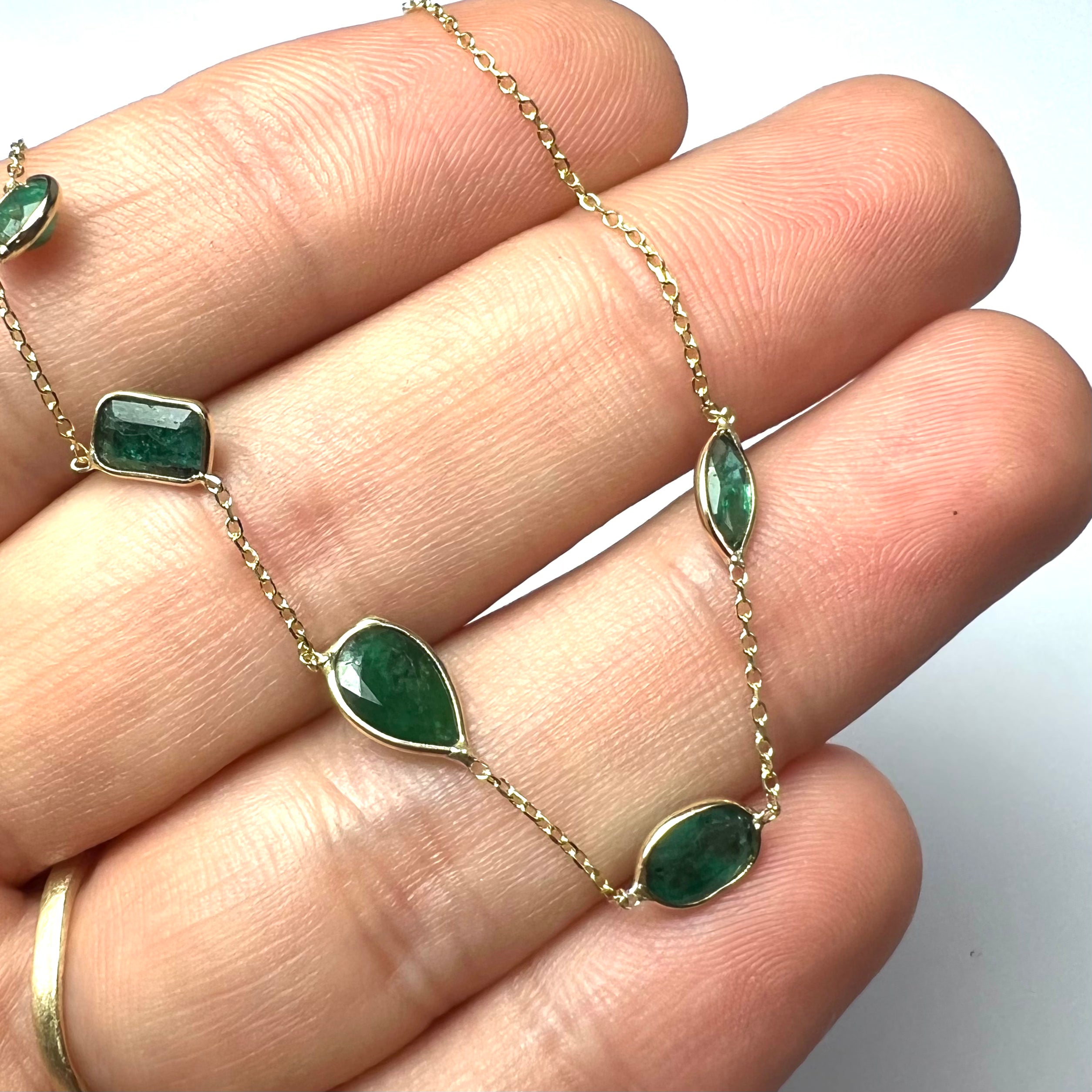 Deep Green Emeralds 16" 14k Yellow Gold Stationed Necklace