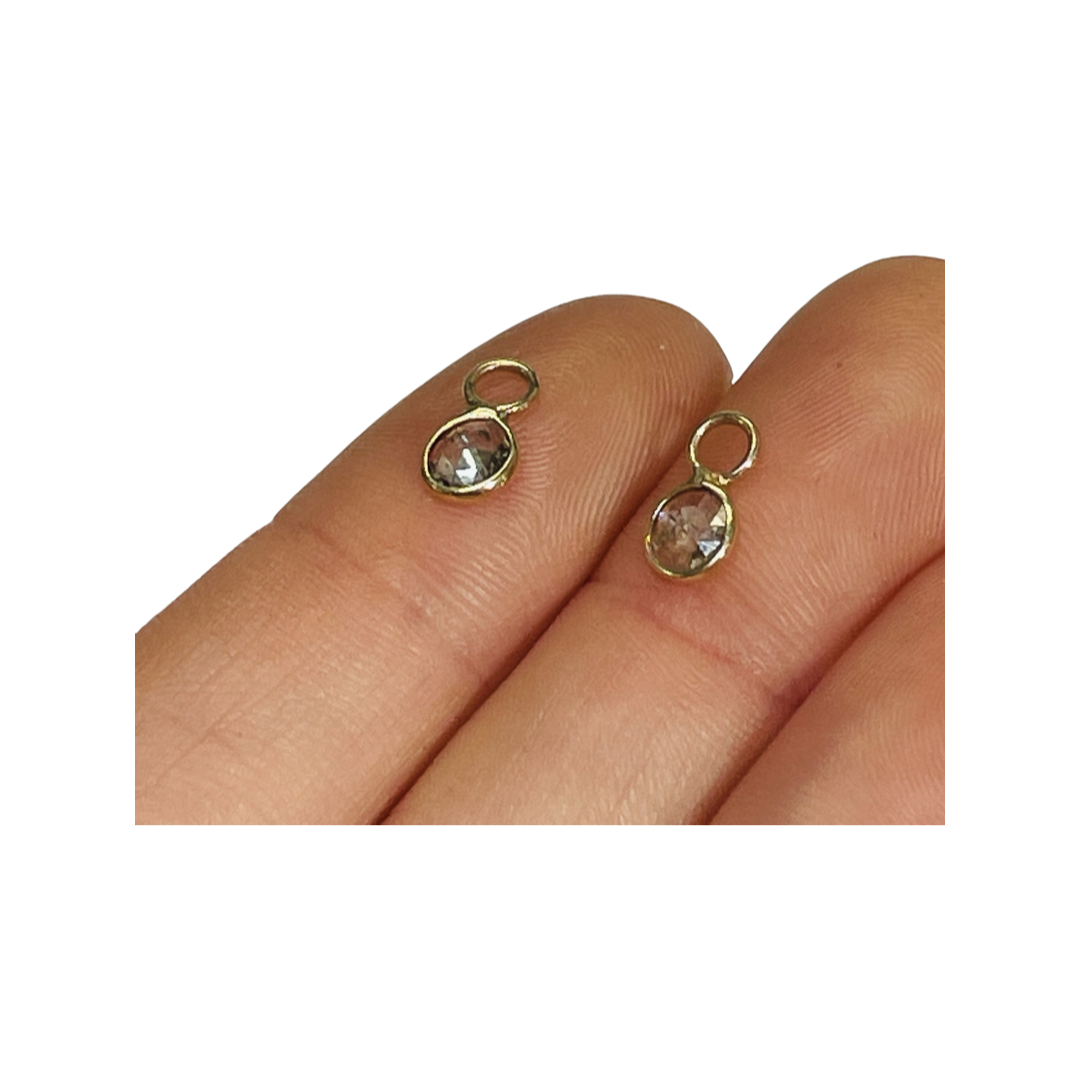 14K Yellow Gold Round Rose Cut Diamond Hoop Earring Charm Pair