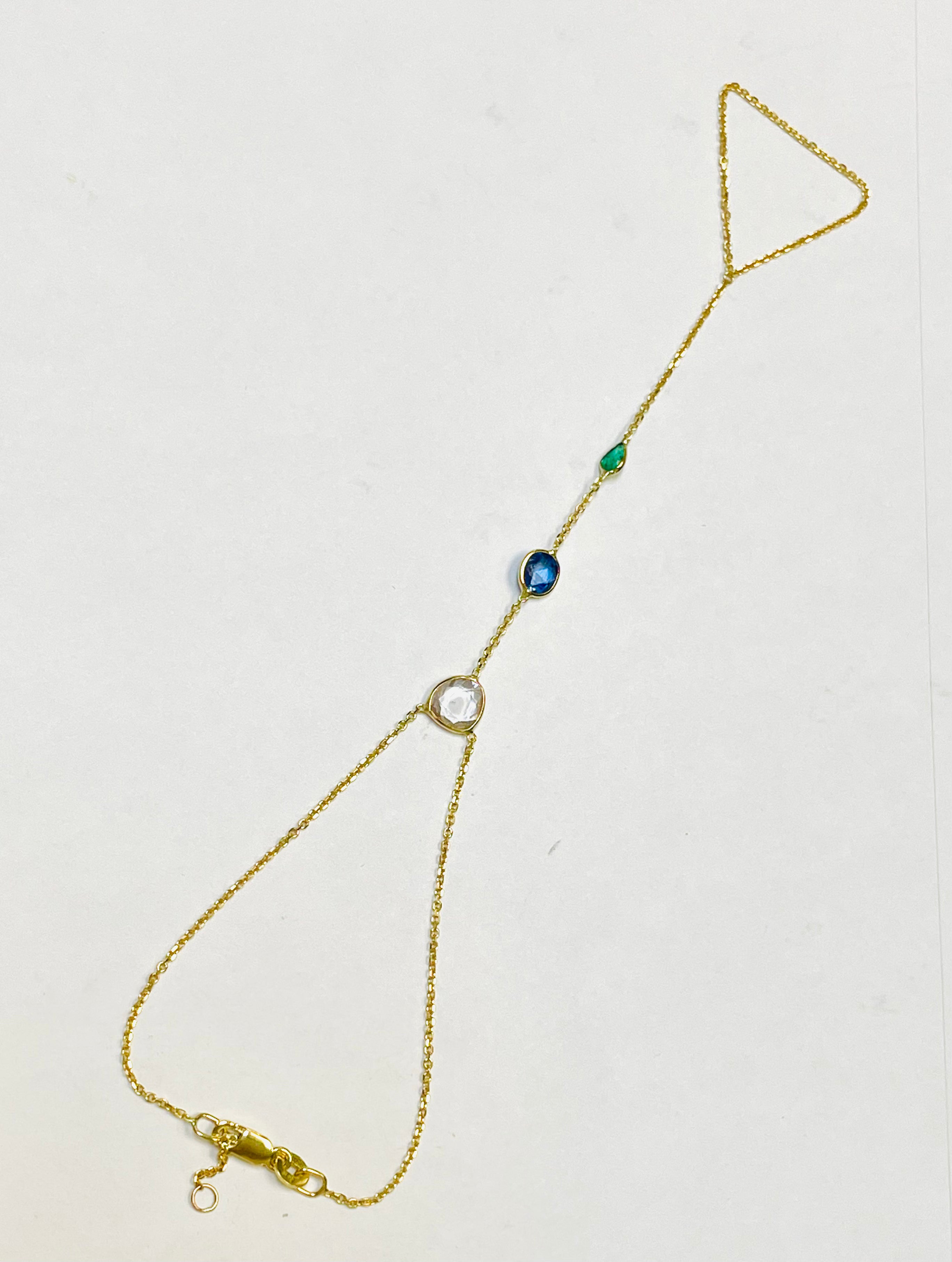 Rose Cut Sapphire, Blue Sapphire and Emerald Hand Chain Solid 14k Yellow Gold