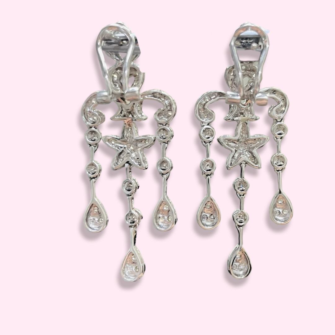 14K White Gold Diamond Chandelier Milgrain Drop Earrings