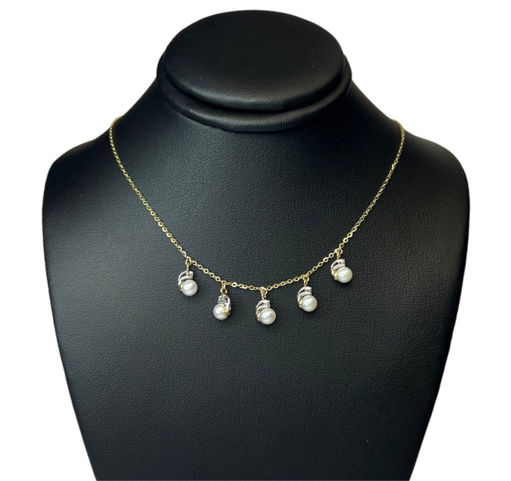 Pearl and Diamond 16"-18" 14K Yellow Gold Cable Chain Necklace