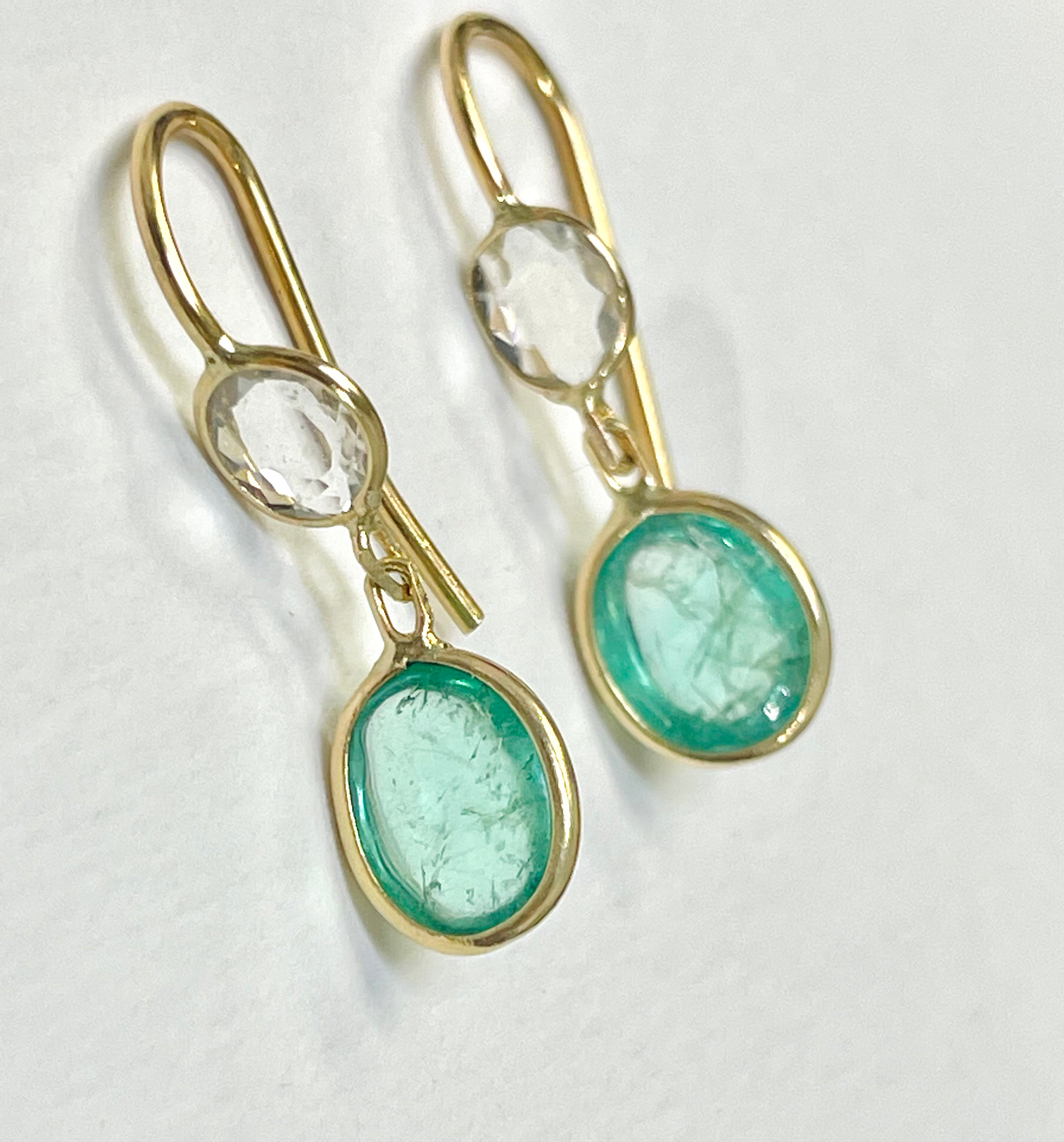 Emerald Cabochon and Rose Cut Diamond 14K Yellow Gold Drop Down Earrings