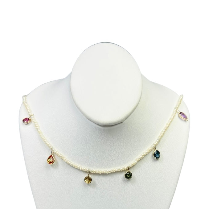 Seed Pearl Rainbow Sapphire Dangle Necklace 15.5"