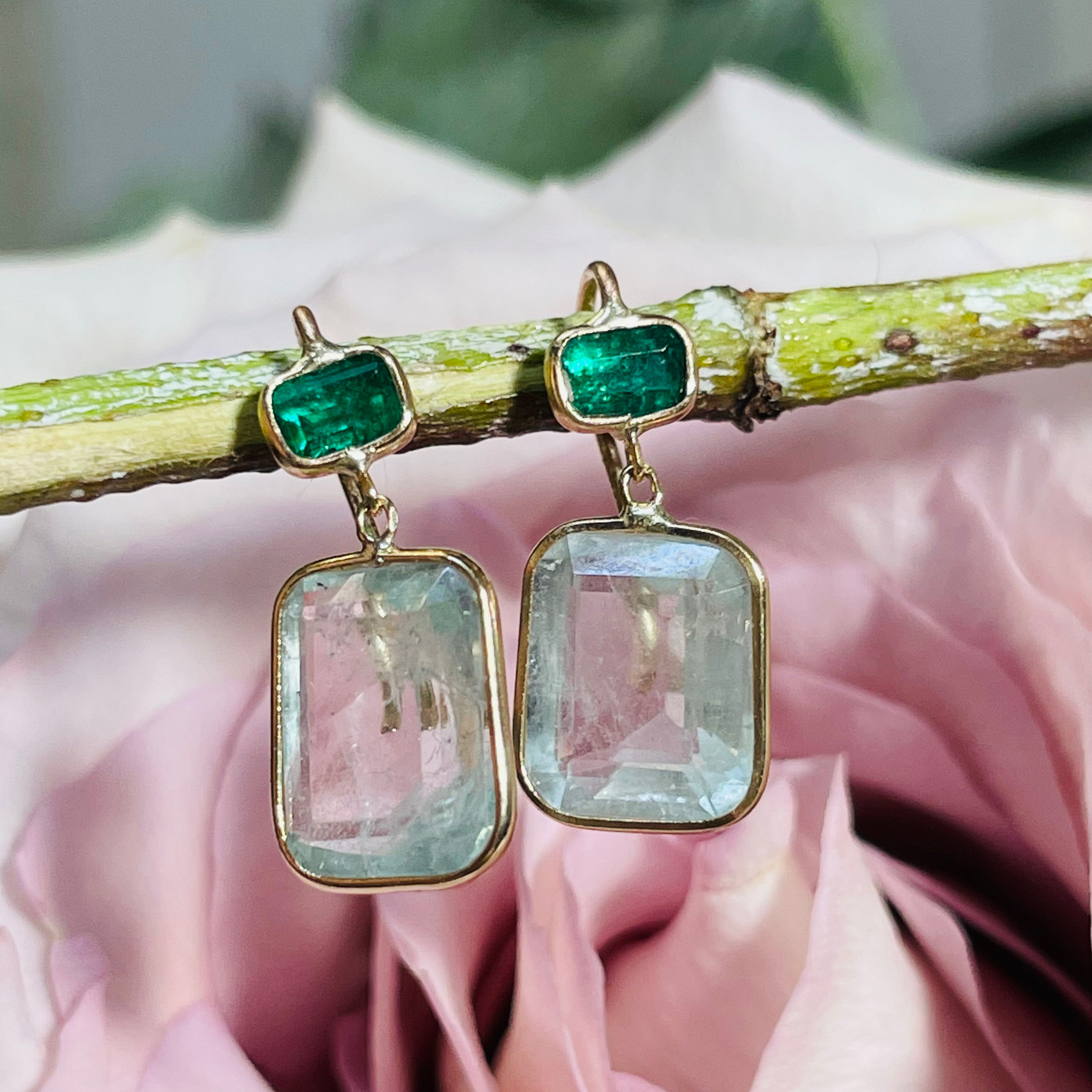 Natural Deep and Light Green Colombian Emerald 14K Yellow Gold Drop Earrings