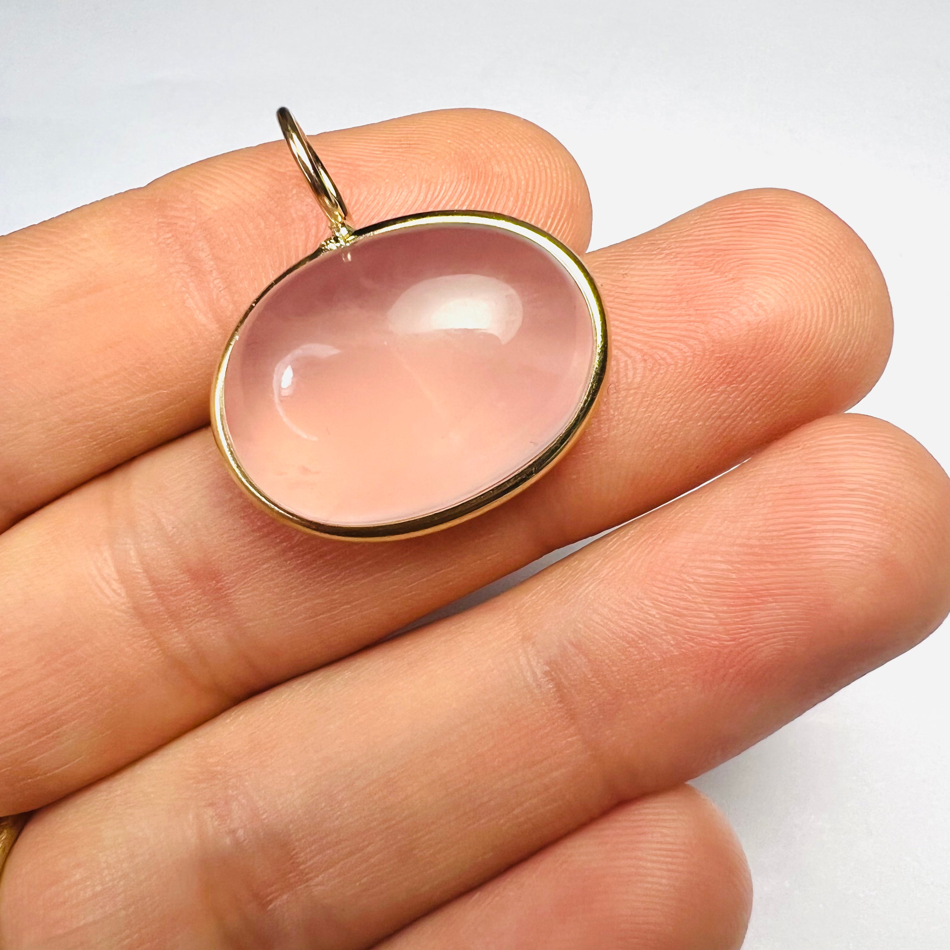 26.5CT Natural Cabochon Rose Quartz 14K Yellow Gold Pendant Charm 25x23mm