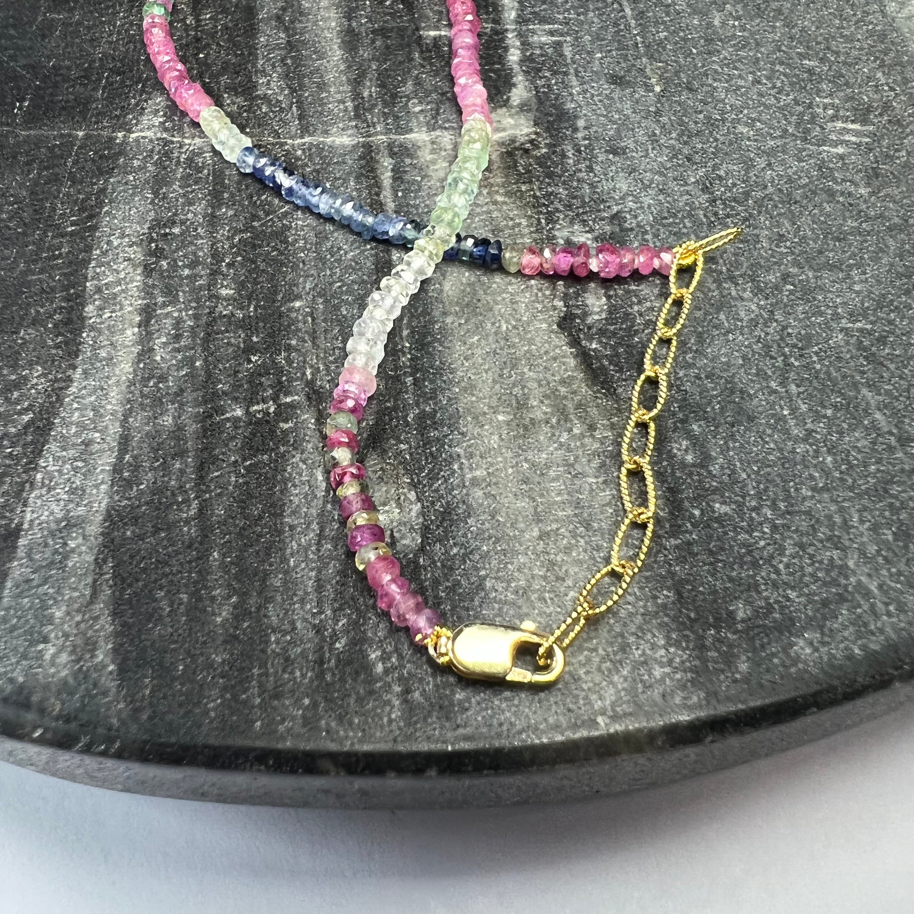 14K Yellow Gold Clasp Multi Color Sapphire Beaded Anklet 8.5"-10"