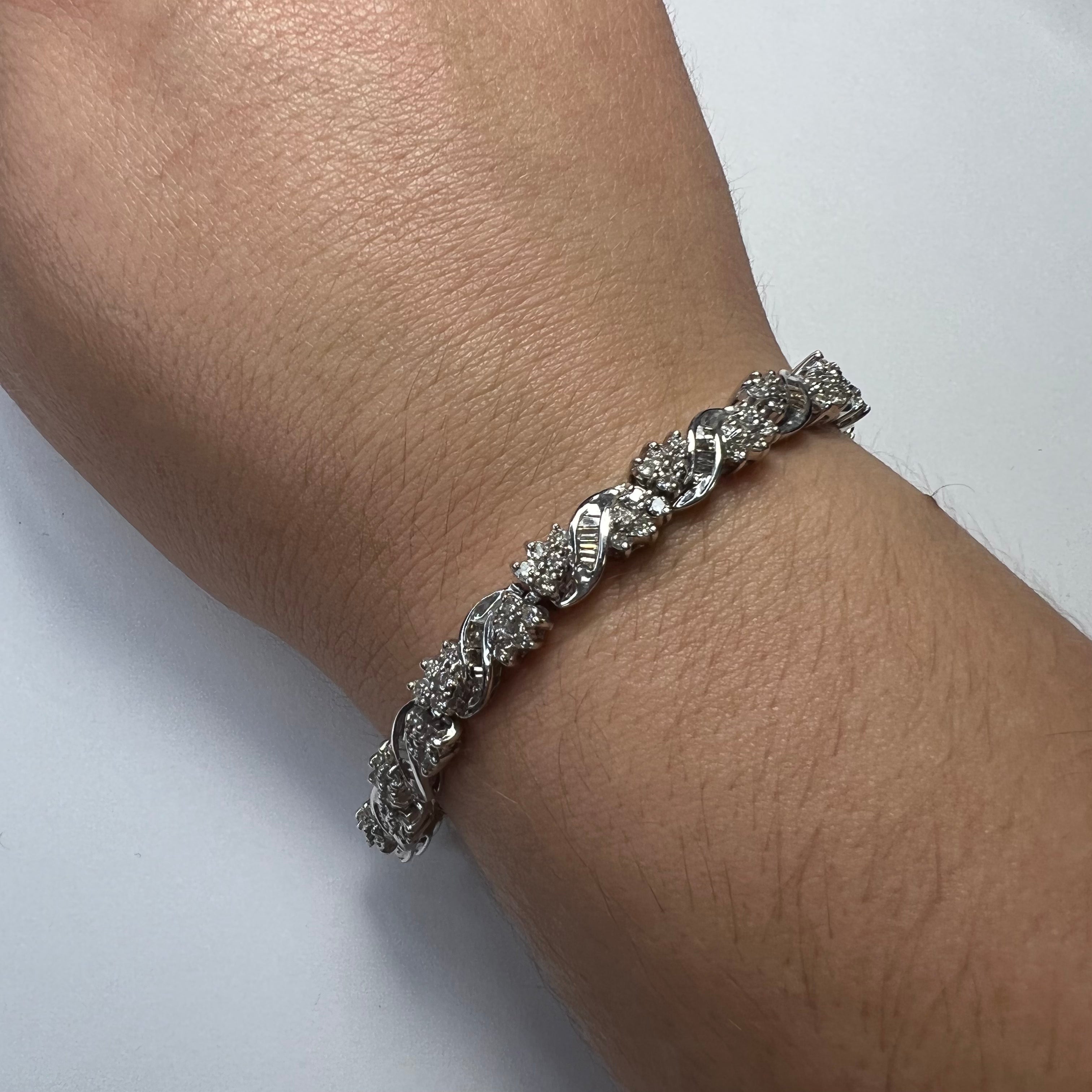 Stunning! 14K White Gold 2.5CT Round and Baguette Diamond Floral Pave Bracelet 7"