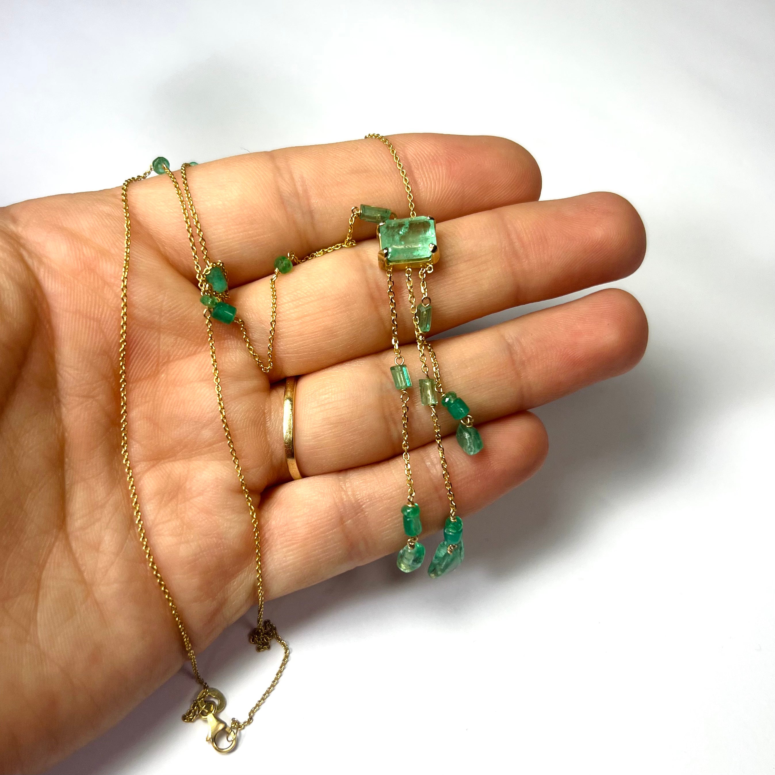 Rough Emerald Lariat 18.5" 14K Yellow Gold Necklace