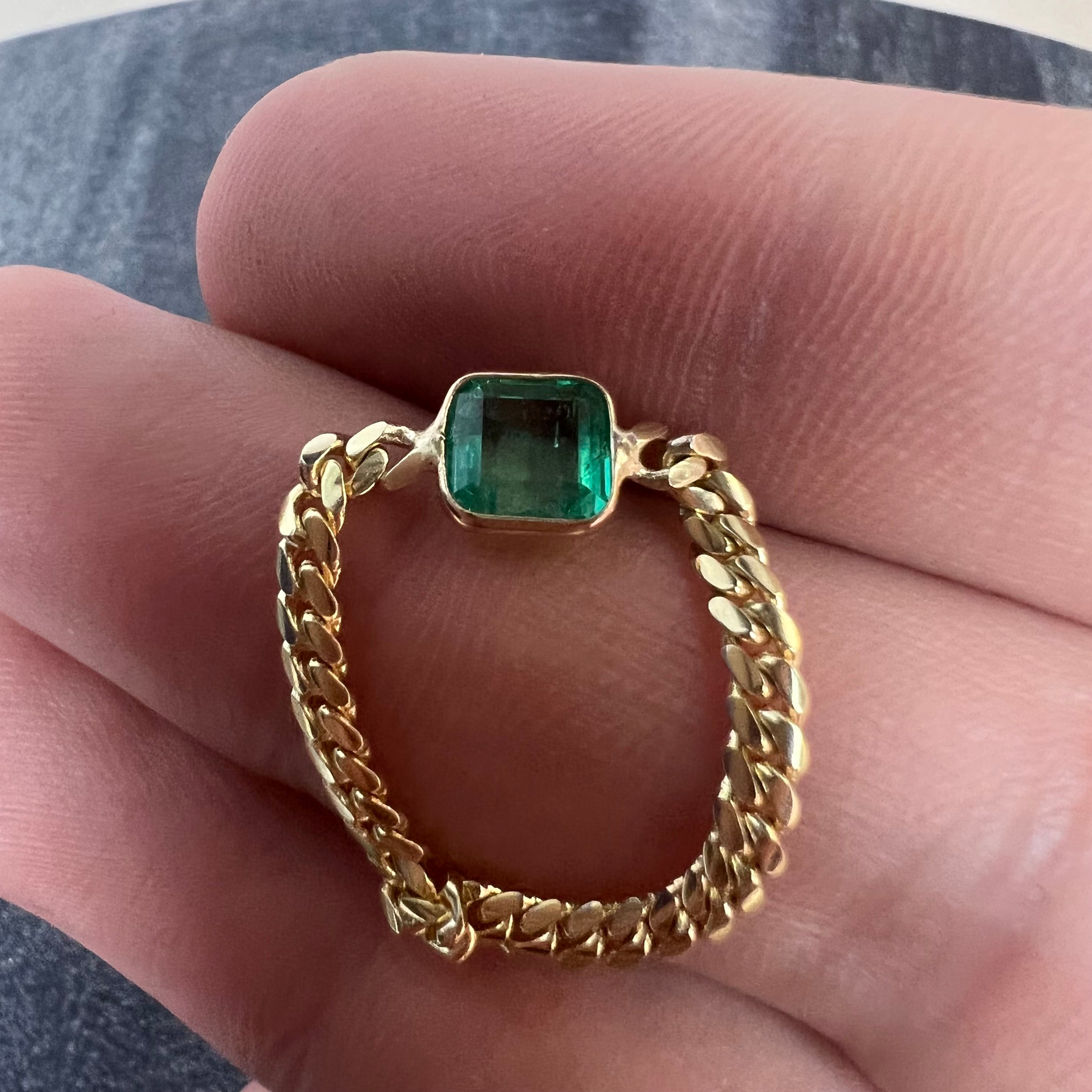 Solid 14K Yellow Gold Natural Square Emerald Cuban Chain Ring Size 7