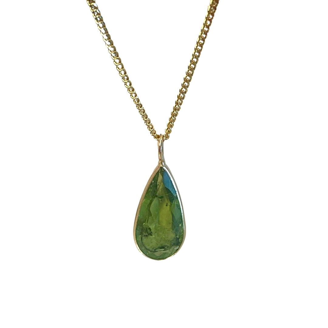 Natural Green Elongated Tourmaline 14K Yellow Gold Pendant Charm 23x9mm