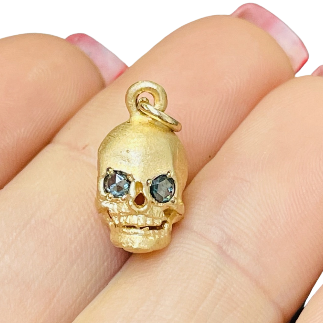 Blue Rose Cut Diamond 18K Yellow Gold Skull Charm Pendant