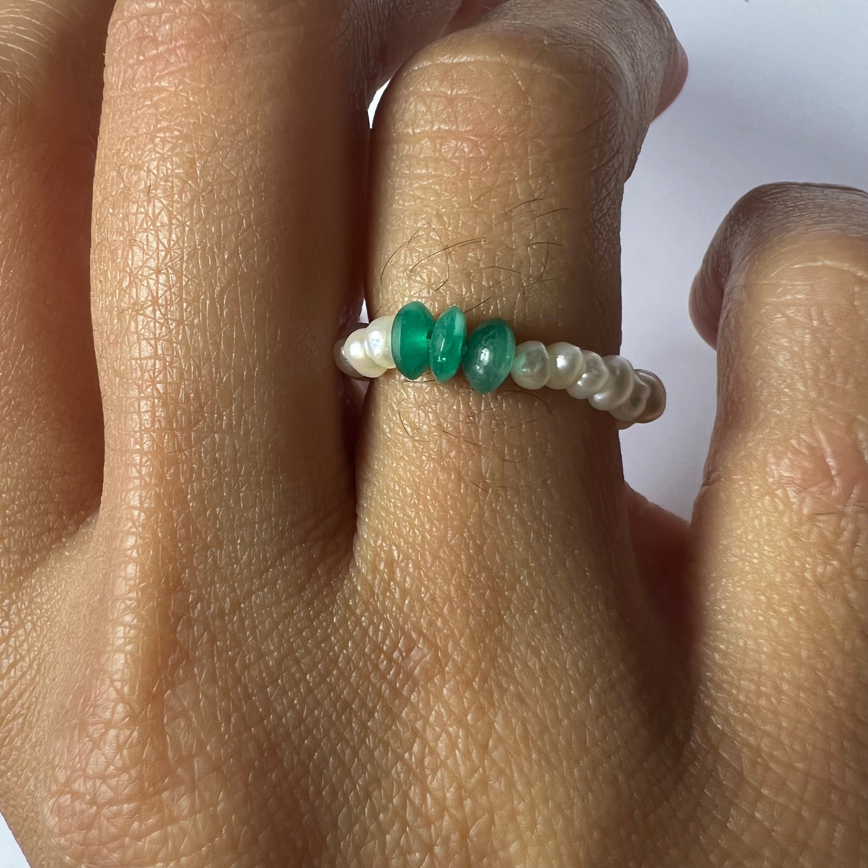 Natural Seed Pearl Eternity Emerald Ring 4.5