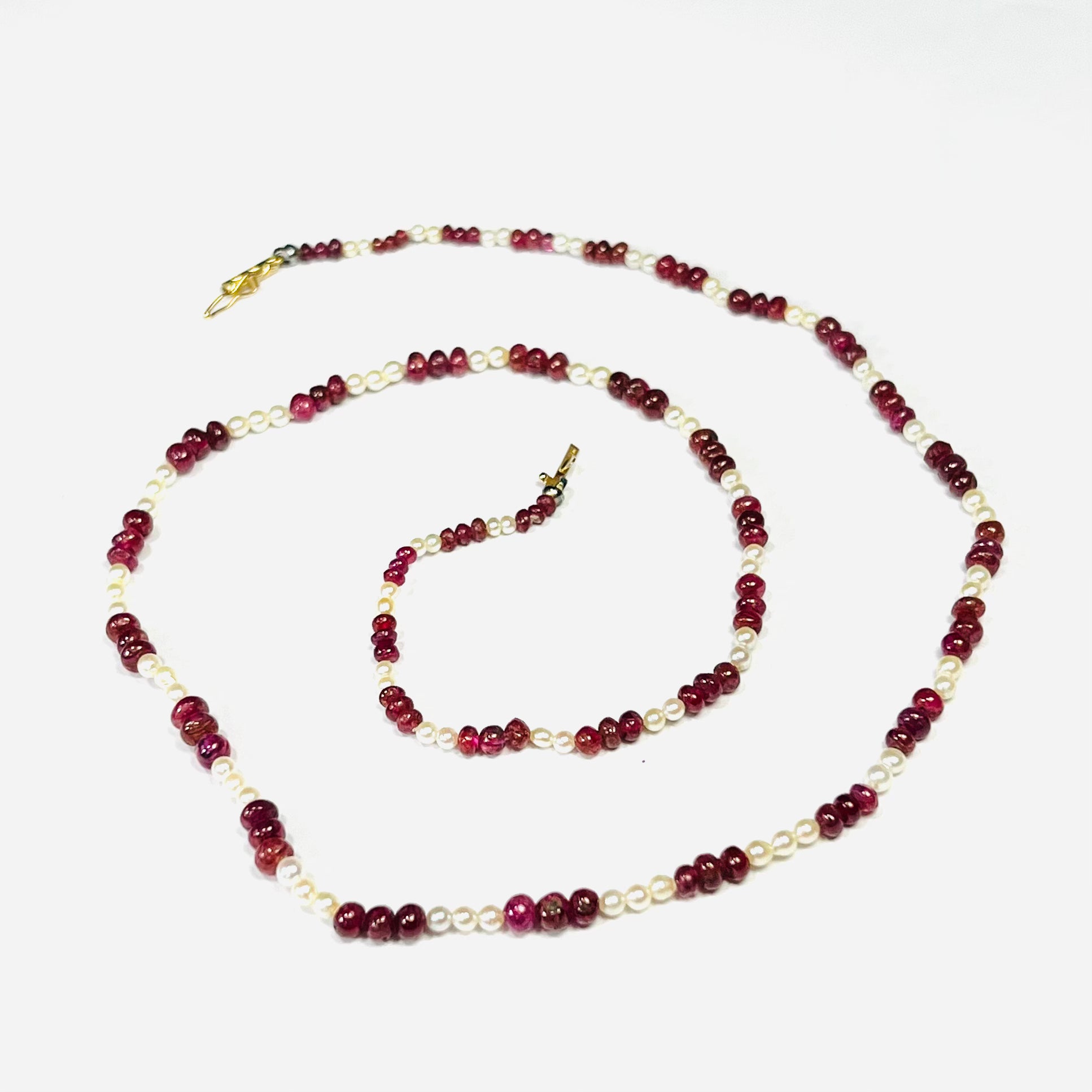 Ruby and Pearl Beaded Necklace 14K Yellow Gold Claps 21"