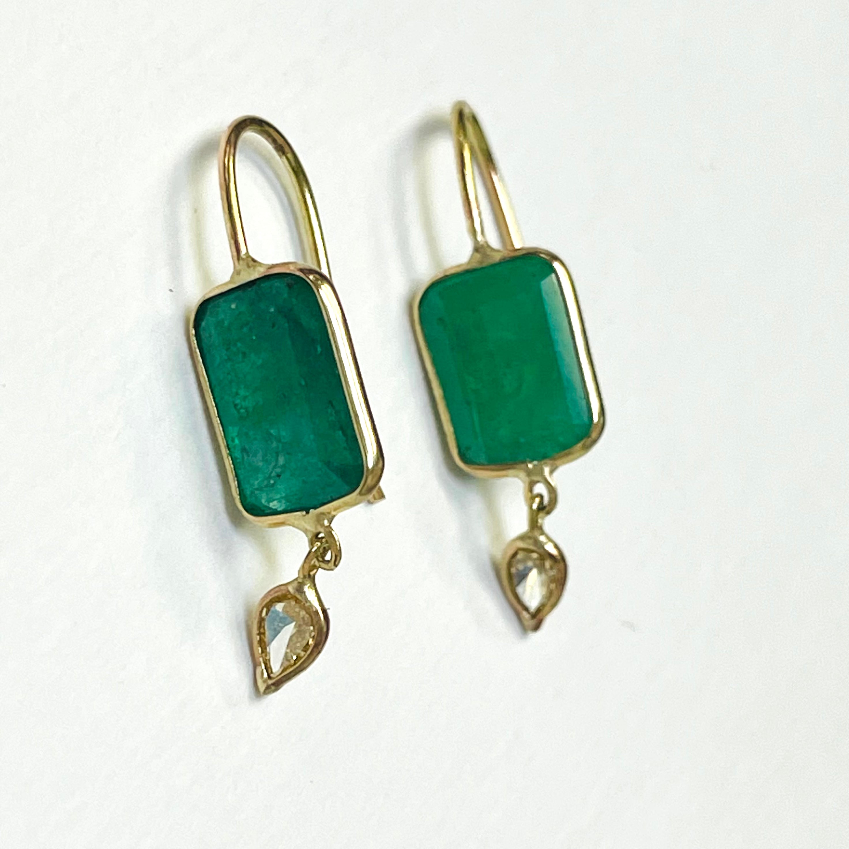 3CT Emerald and .18CT Yellow Diamond 14K Yellow Gold Drop Down Earrings