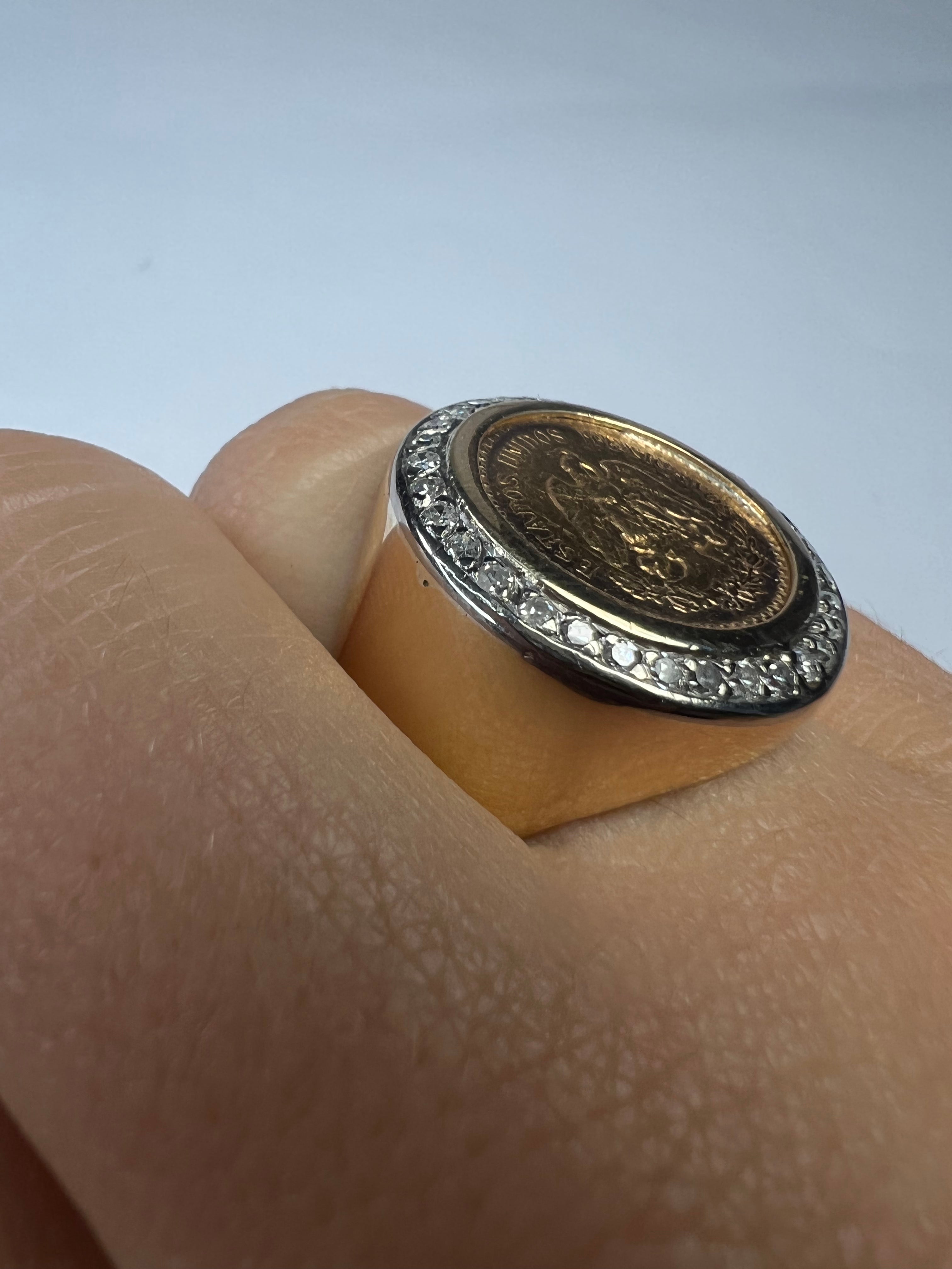 14K Yellow Gold Mexican Coin .32ctw Diamond Ring Band Size 8