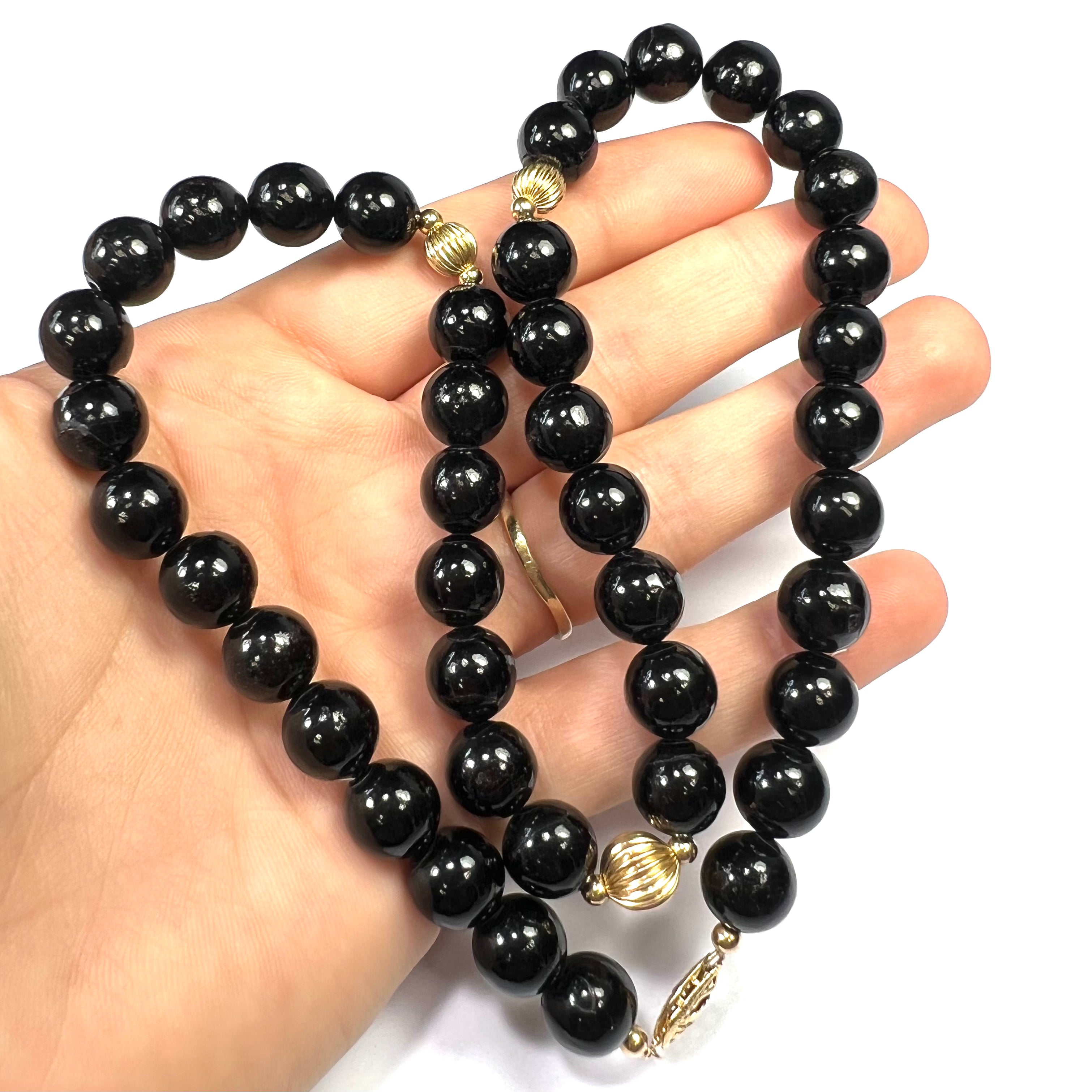 Black Coral Bead 14K Yellow Gold Claps Necklace