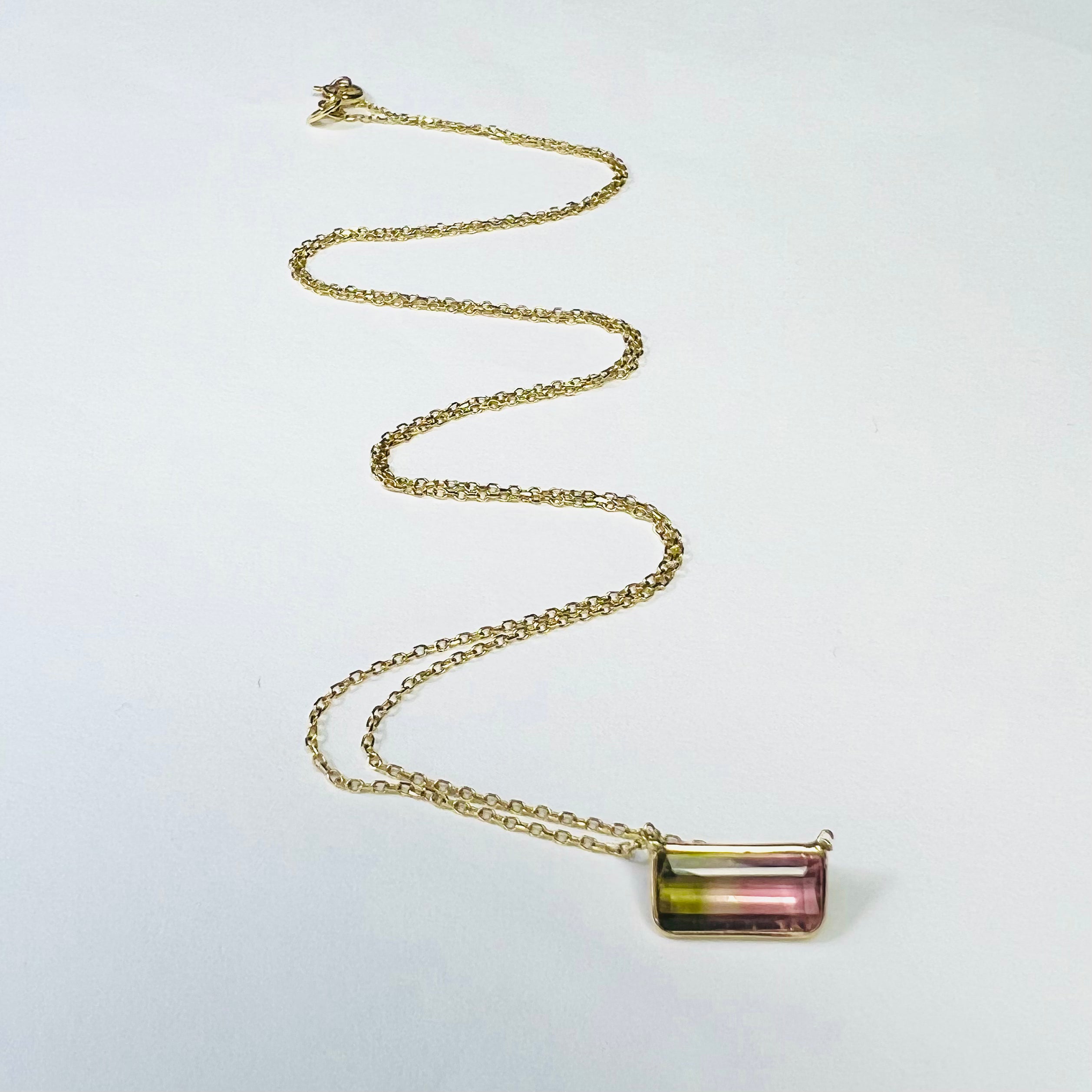 Watermelon Tourmaline 18" 14K Yellow Gold Cable Chain Necklace