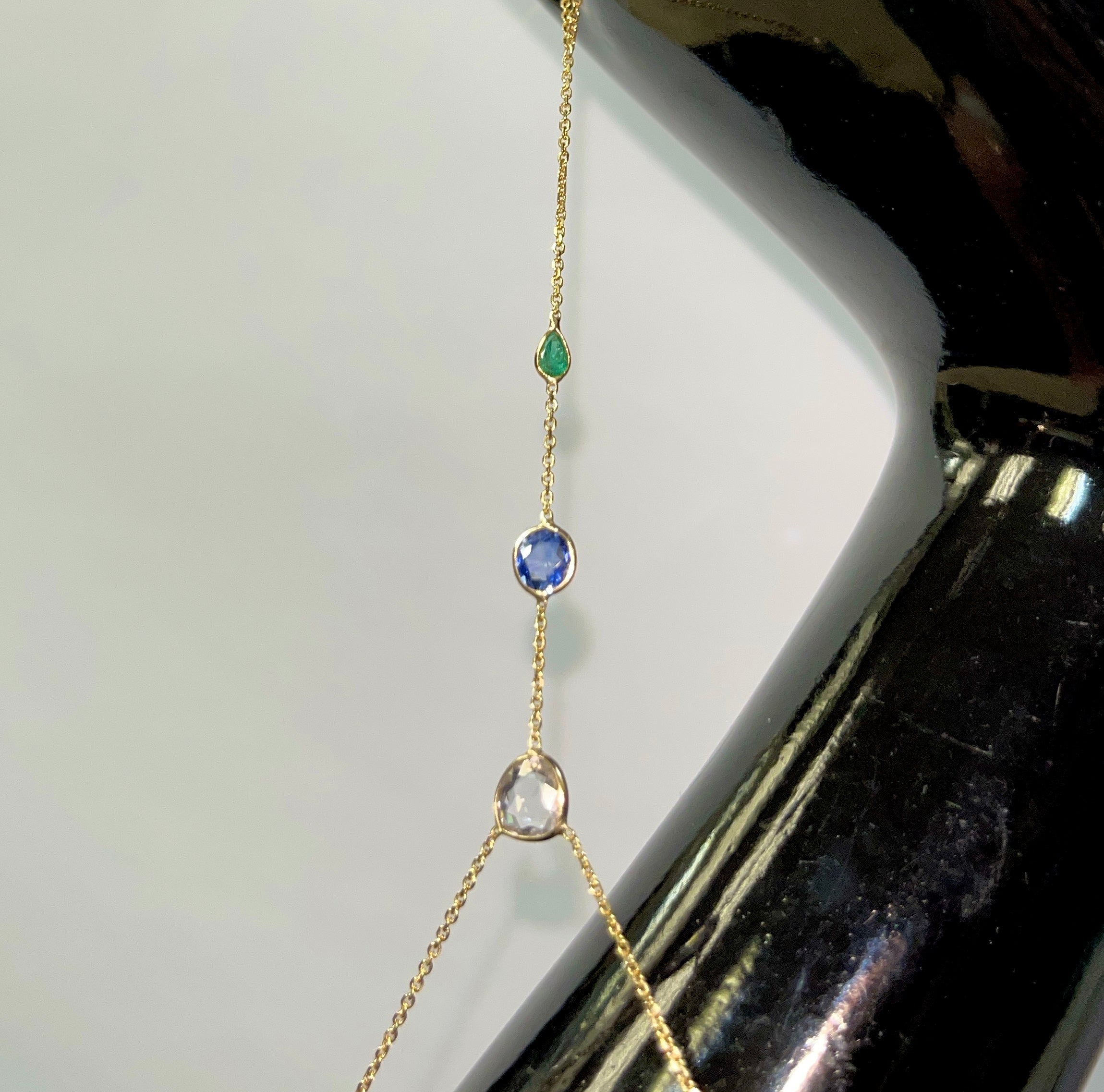 Rose Cut Sapphire, Blue Sapphire and Emerald Hand Chain Solid 14k Yellow Gold