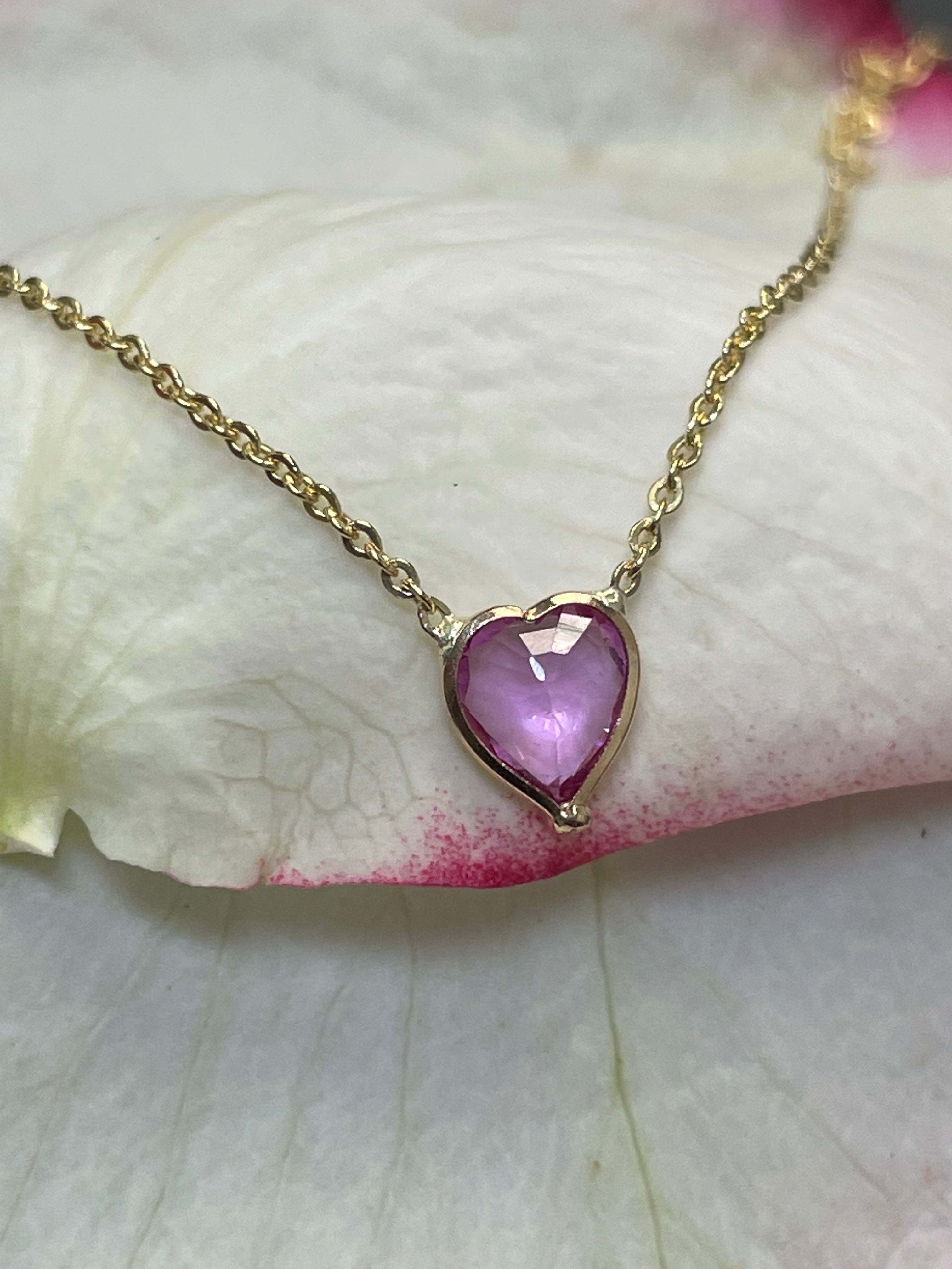 Natural Pink Sapphire Heart 14K Yellow Gold Necklace 16-18"