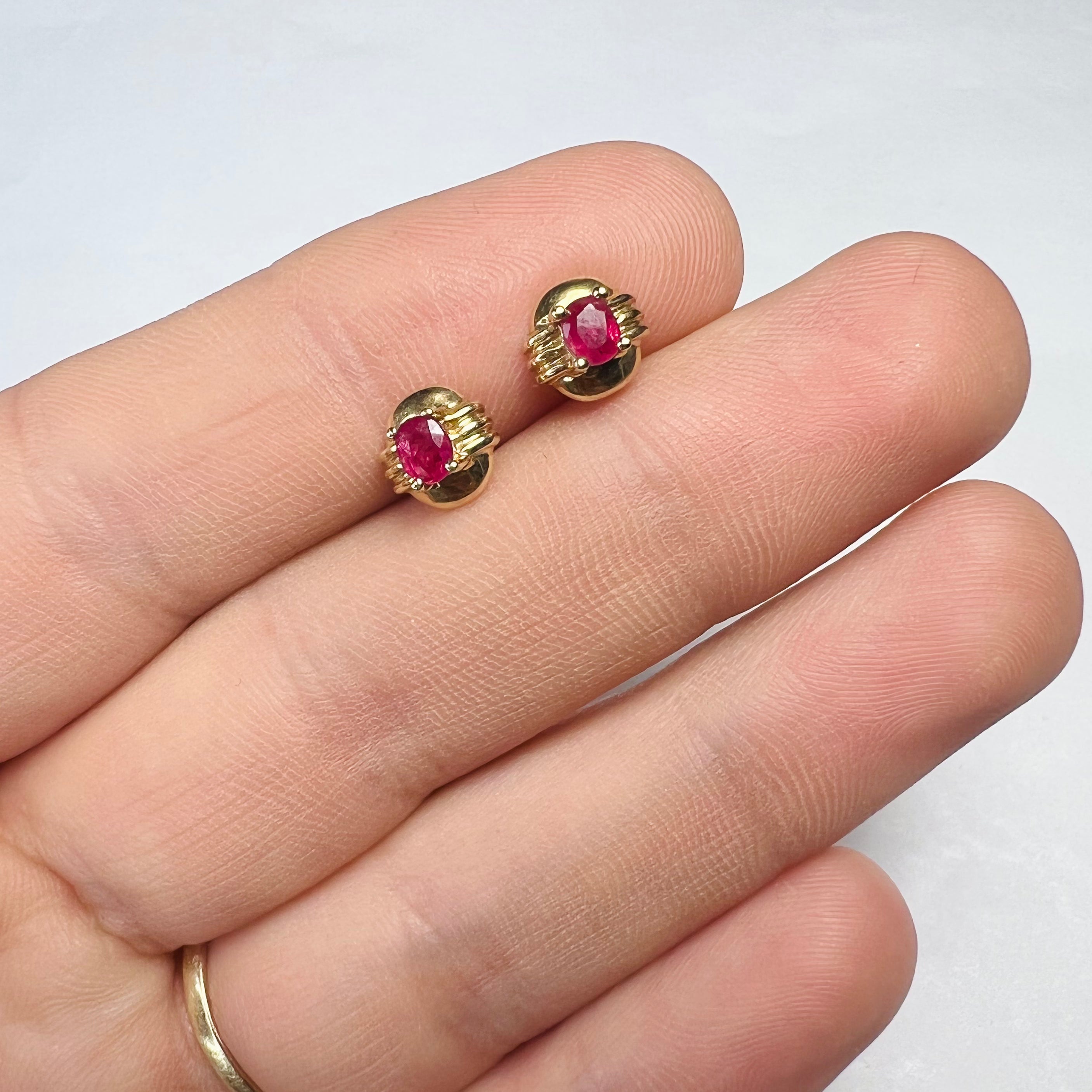 14K Yellow Gold .43ctw Oval Ruby Earring Pushback Studs 7x7mm