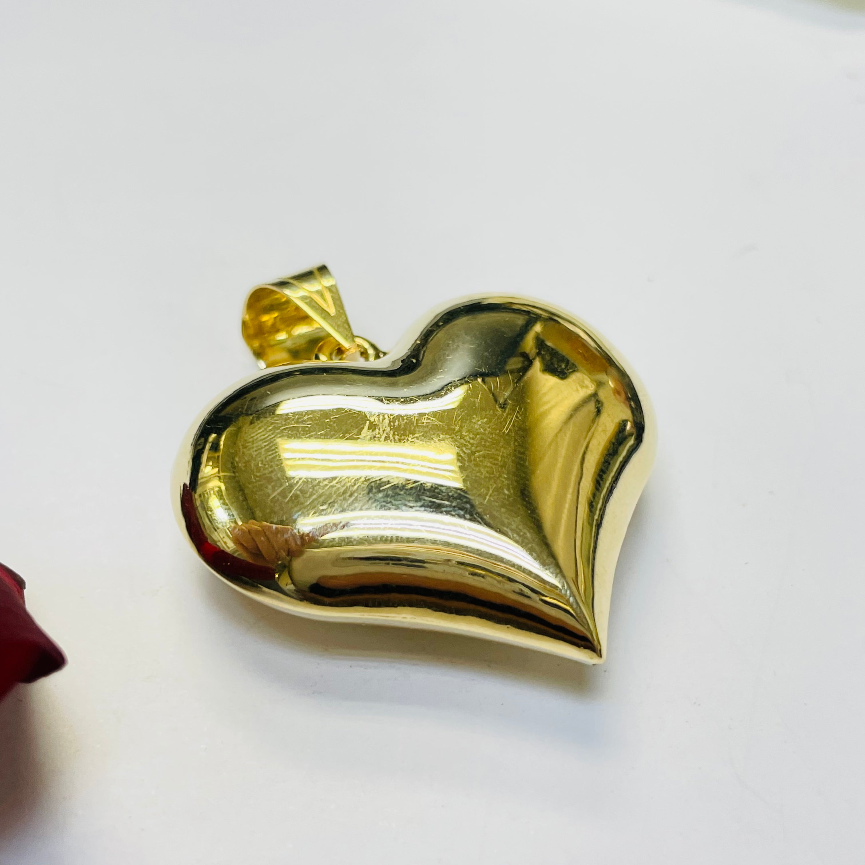 14K Yellow Gold Puffed Heart Pendant Charm 1.75”
