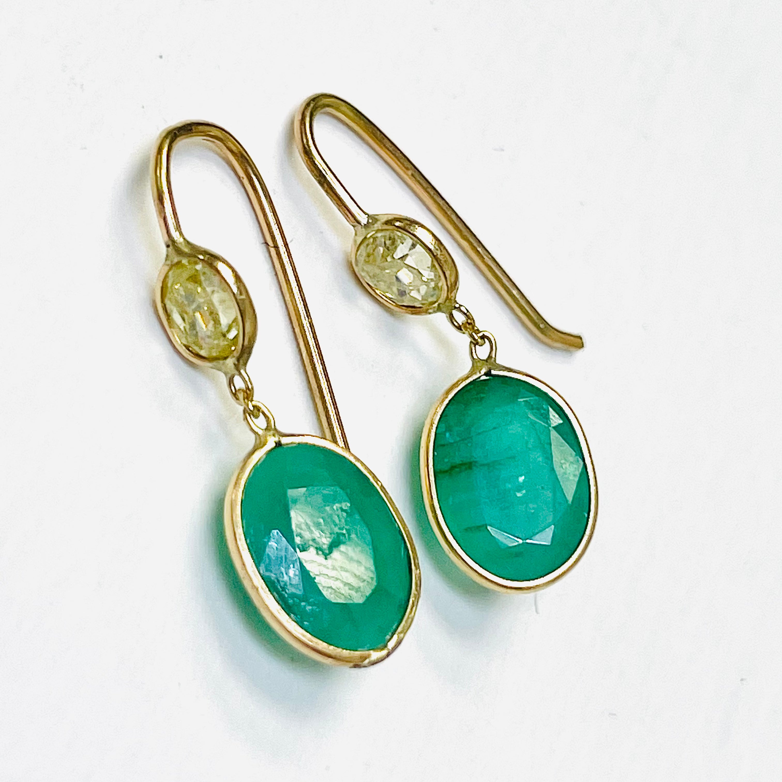 2.4CT Emerald and Yellow Oval Diamond 14K Yellow Gold Drop Down Earrings