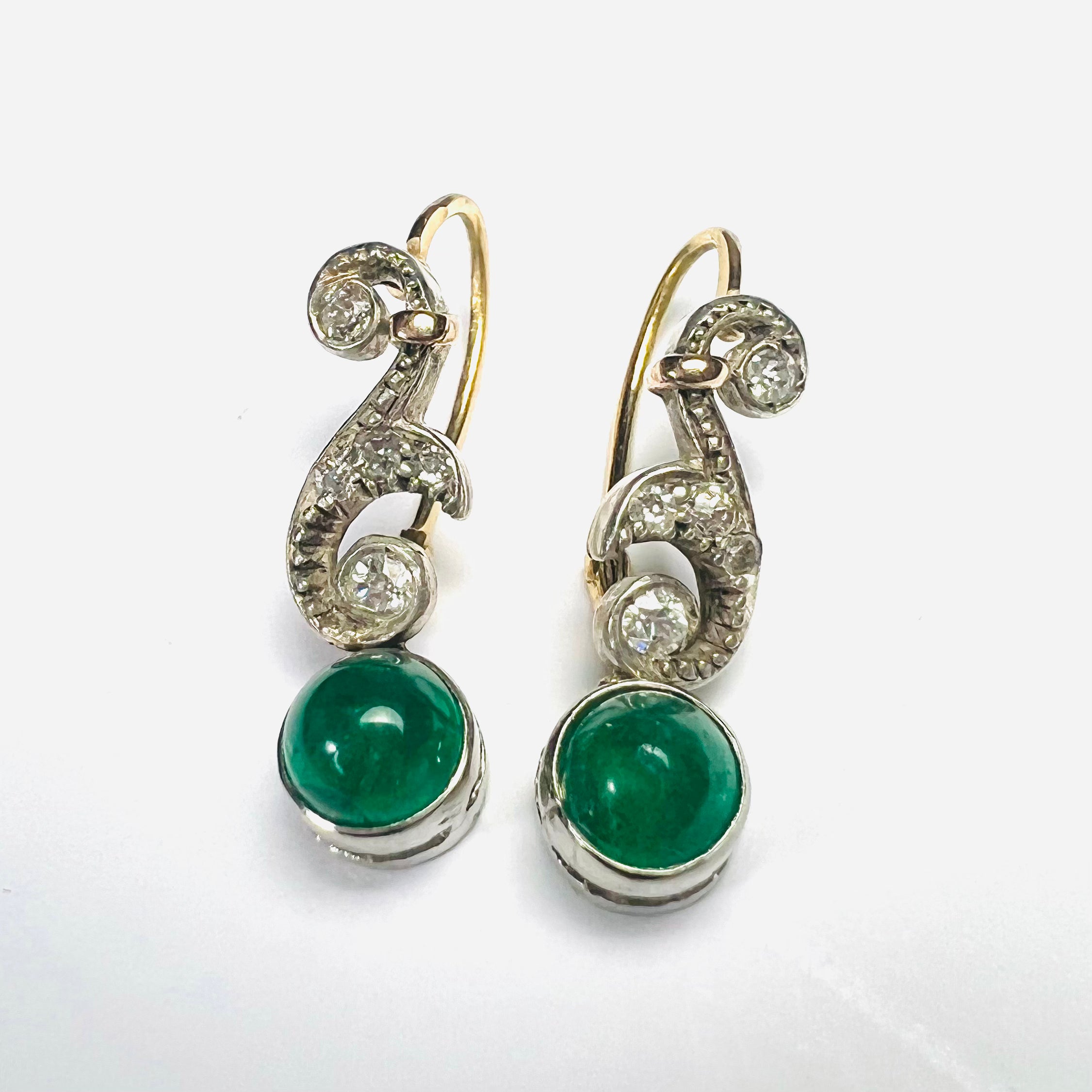 Antique 14K White Gold Diamond & Emerald Dangle Drop Earrings .98'