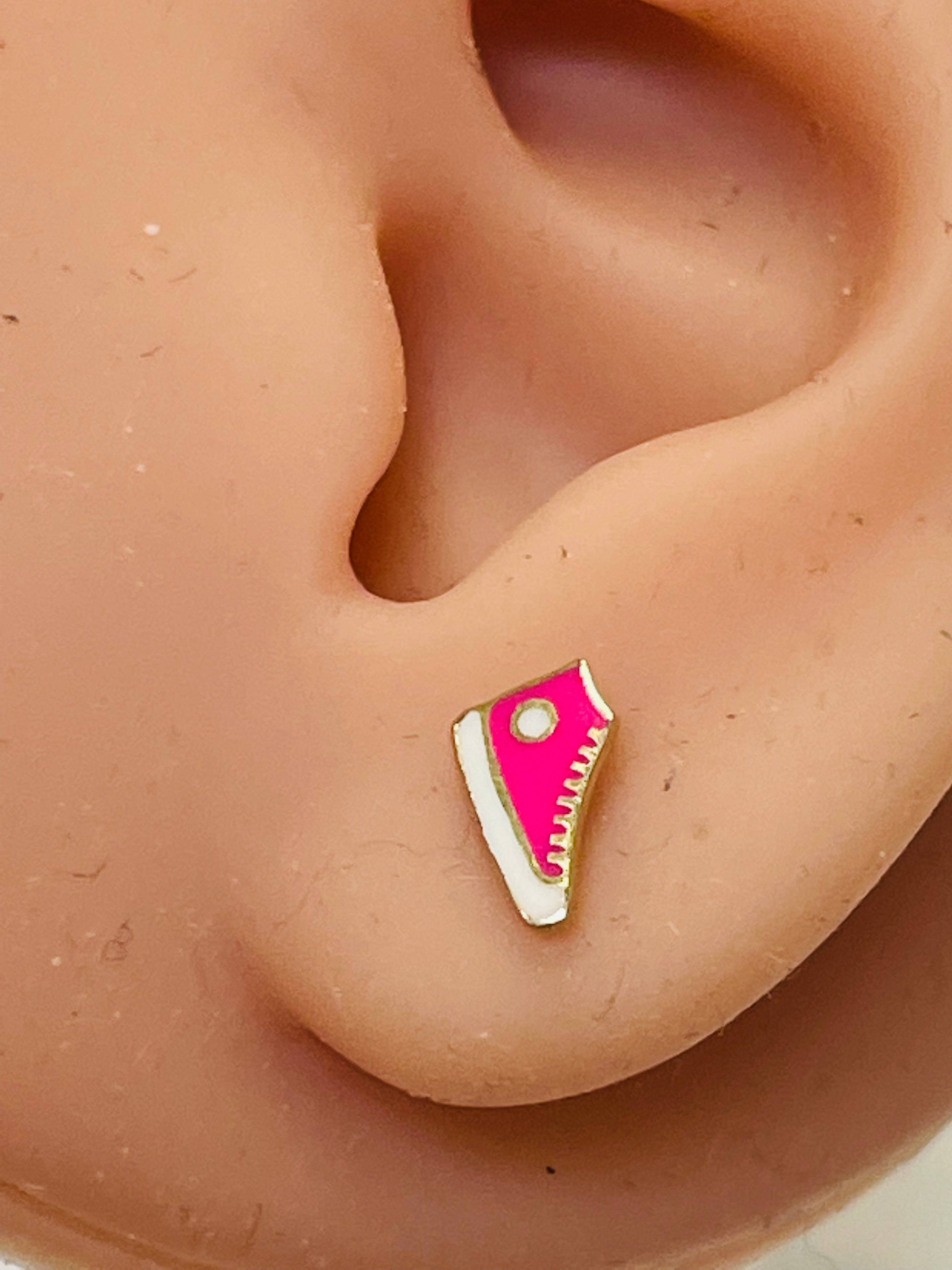Hot Pink Enamel Sneaker Earring Studs 14K Yellow Gold  9x6mm