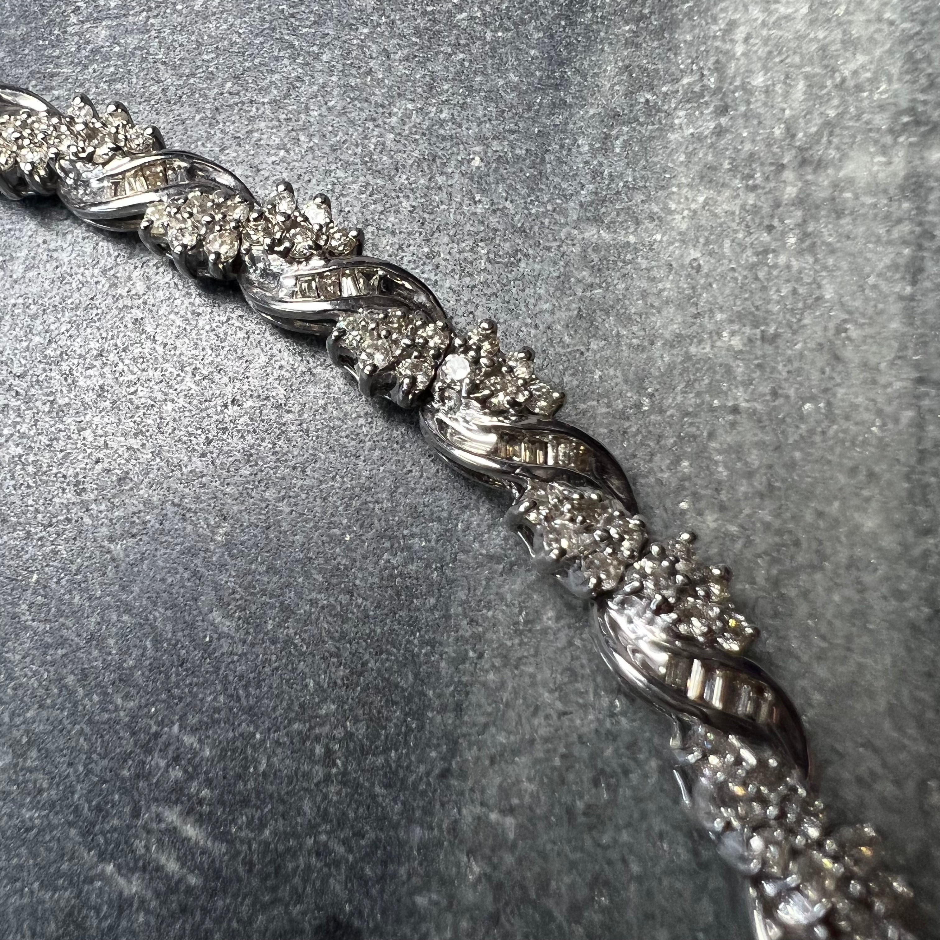 Stunning! 14K White Gold 2.5CT Round and Baguette Diamond Floral Pave Bracelet 7"