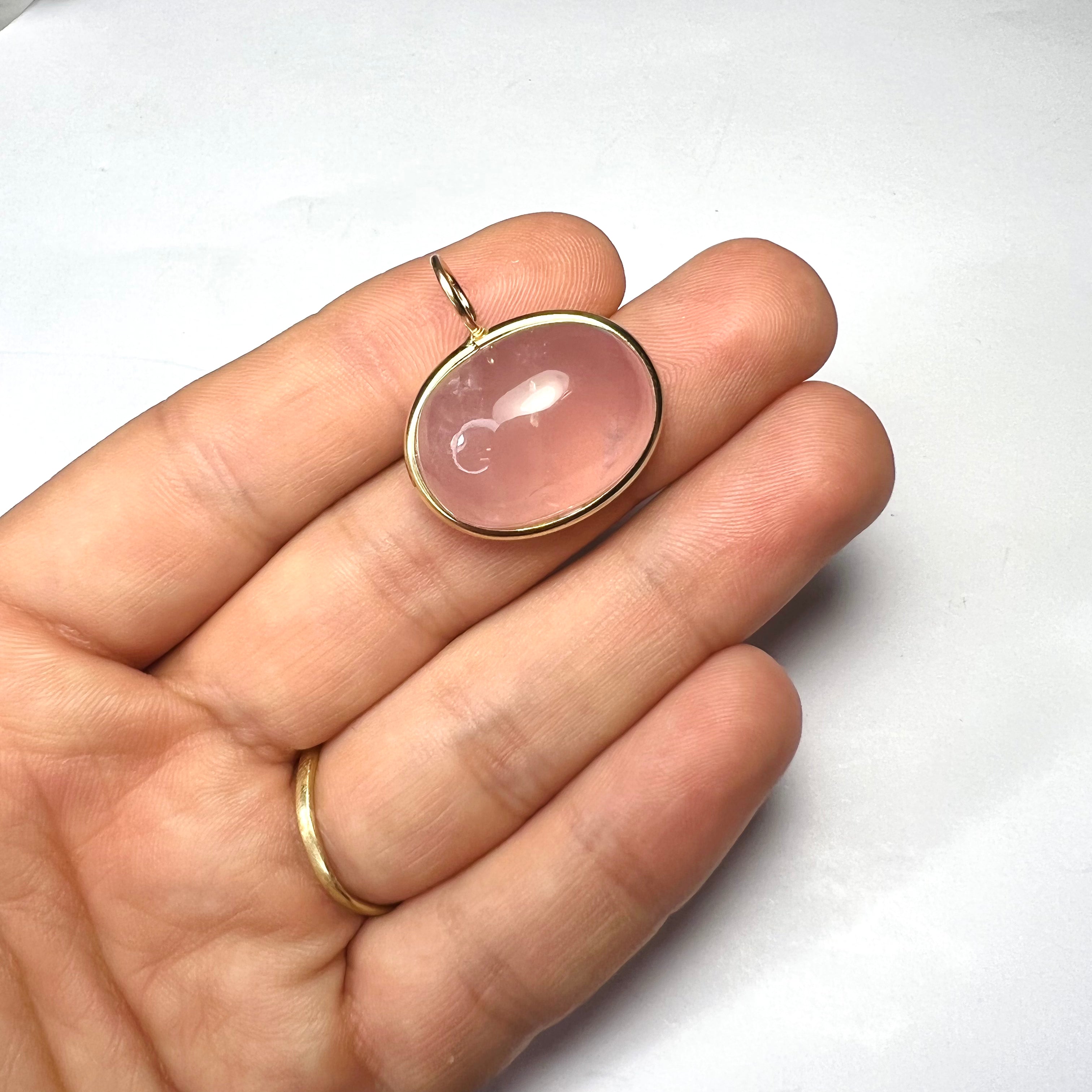 29CT Natural Cabochon Rose Quartz 14K Yellow Gold Pendant Charm 26x23mm