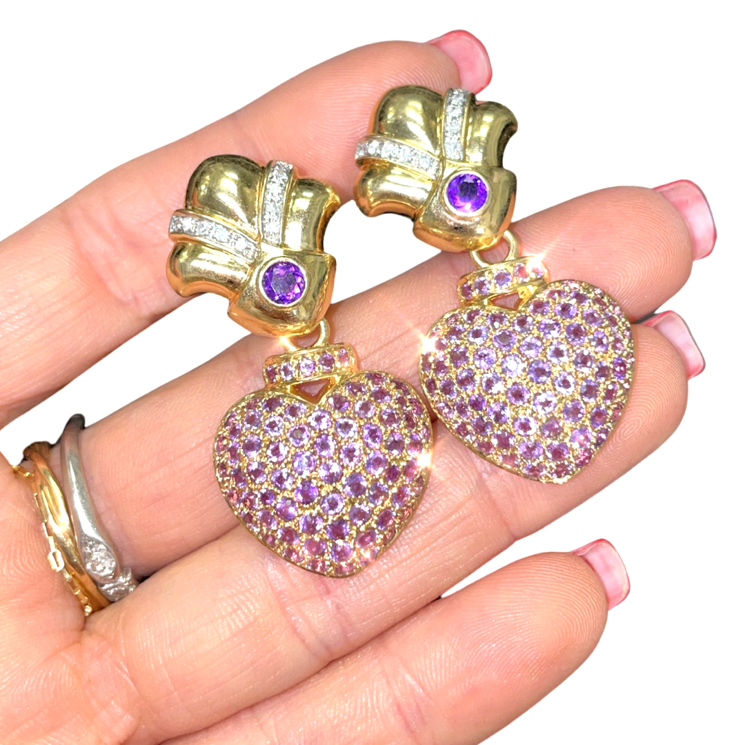 Amethyst Pave and Diamond Drop Earrings 14K Yellow Gold
