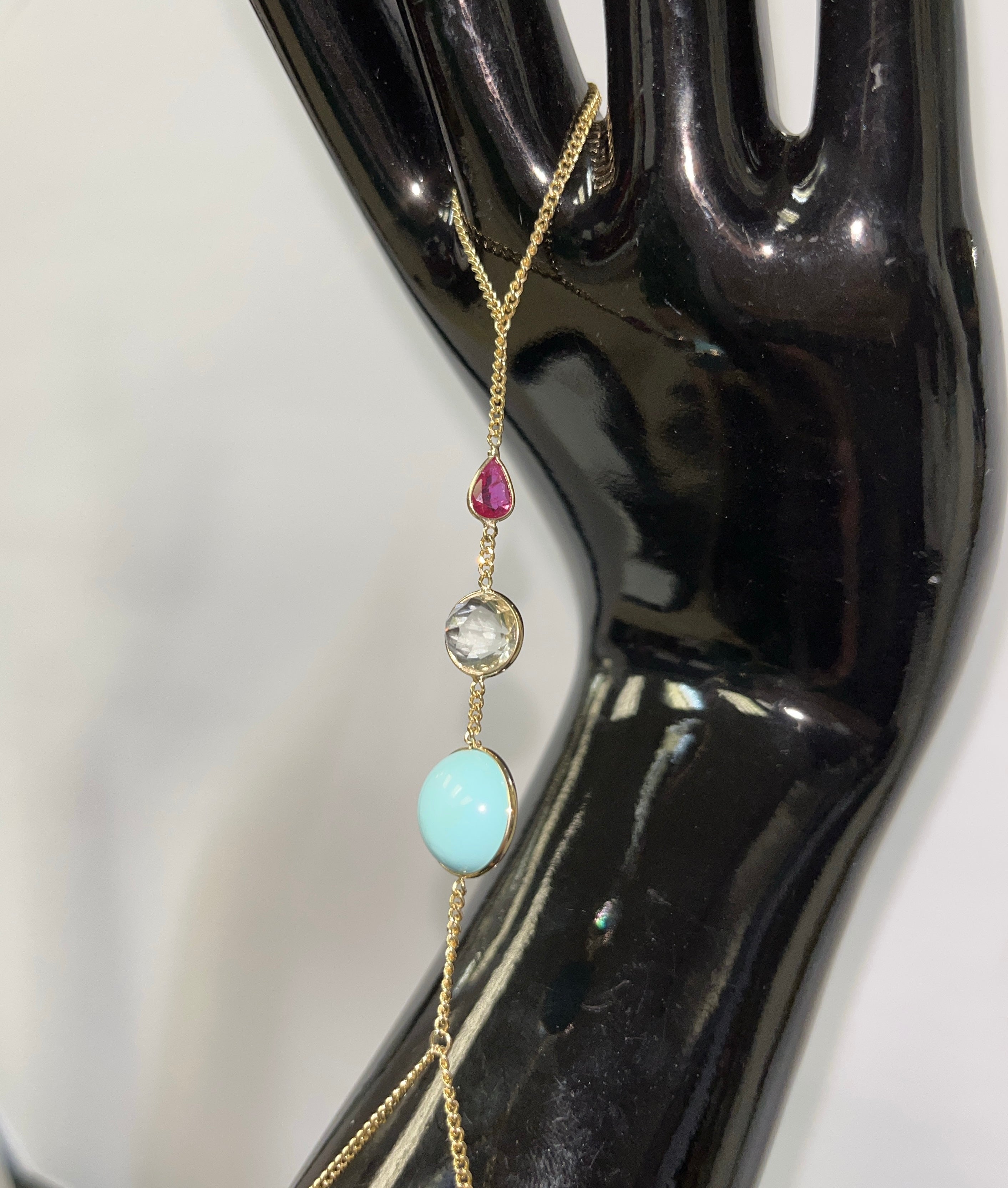 Turquoise Green Amethyst and Ruby Solid 14K Yellow Gold Hand Chain