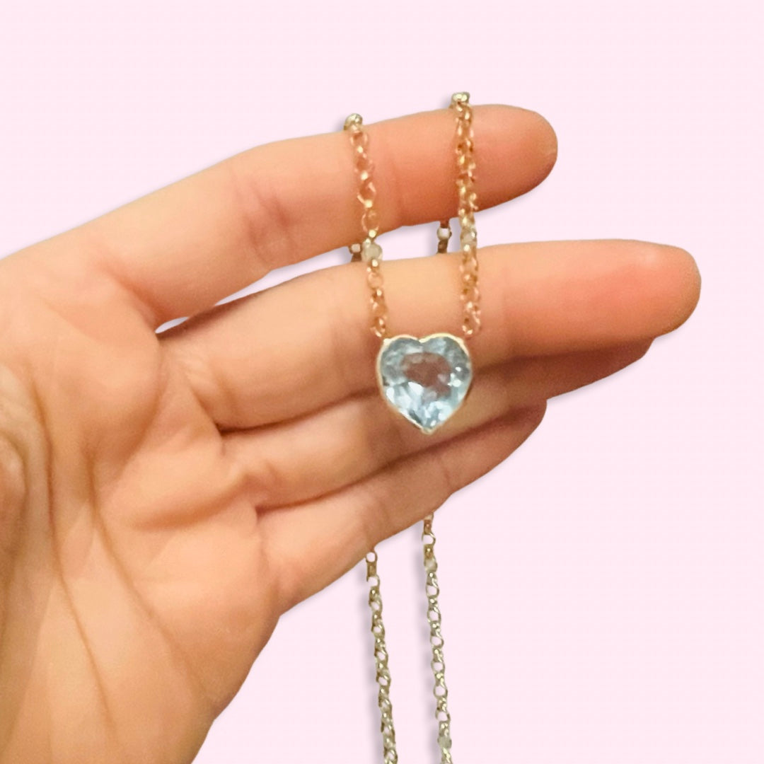 Blue Topaz Heart 14K Yellow Gold Necklace 18”