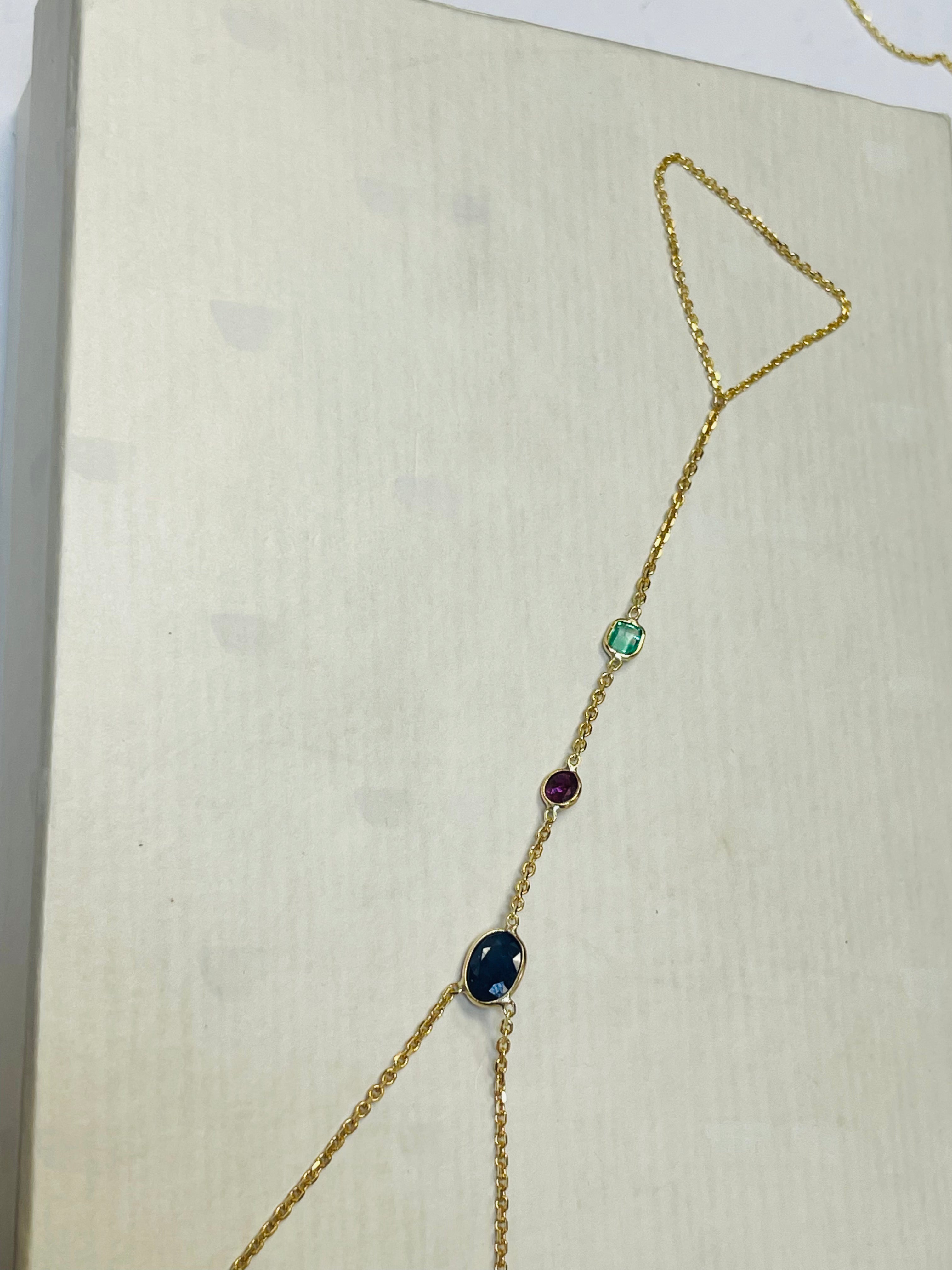 Emerald Ruby Sapphire Hand Chain Solid 14k Yellow Gold